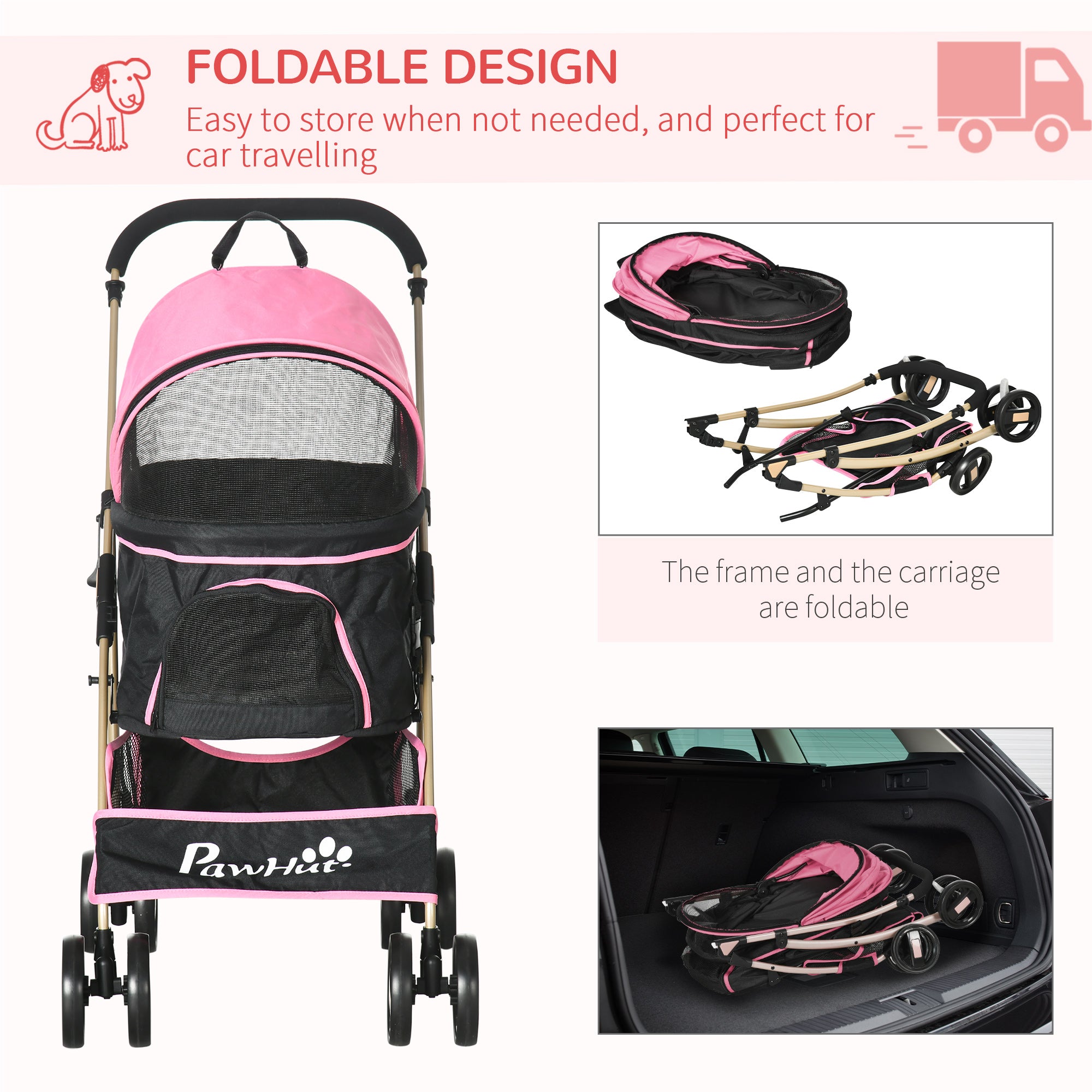 Detachable Pet Stroller with Rain Cover, 3 In 1 Cat Dog Pushchair, Foldable Carrying Bag w/ Universal Wheels, Brake, Canopy, Basket