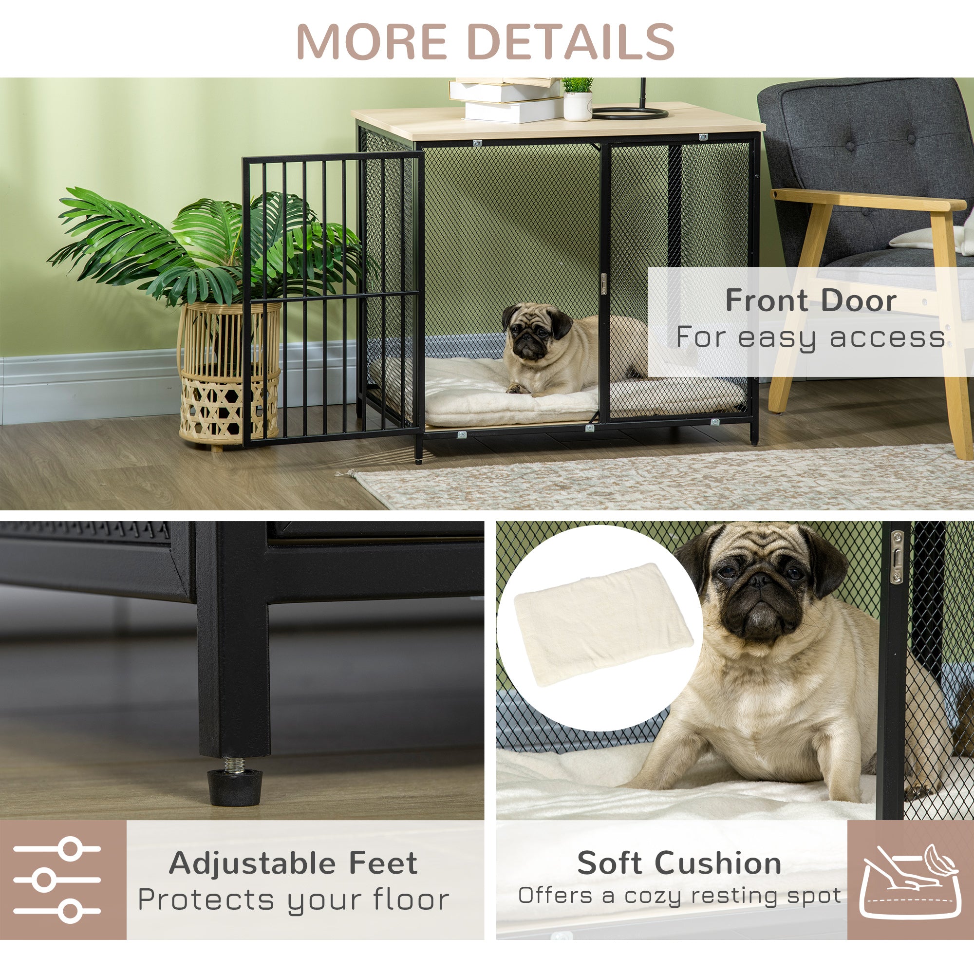 Dog Crate Furniture Side End Table with Soft Washable Cushion, Indoor Dog Kennel with Wire Mesh Wall, Wooden Top, for Medium Small Dogs