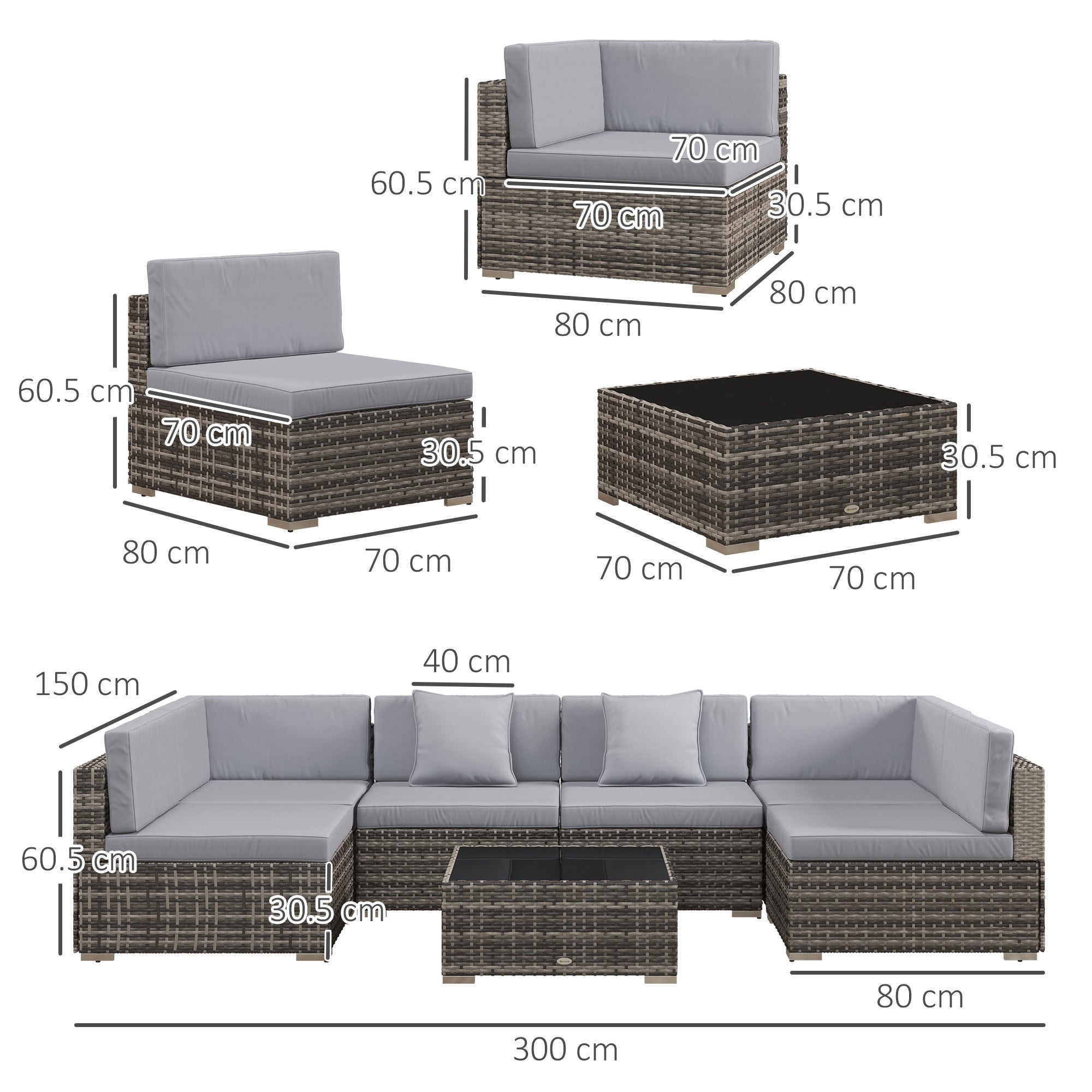 7-Piece PE Rattan Garden Furniture Set with Cushions & Glass Coffee Table - Mixed Grey