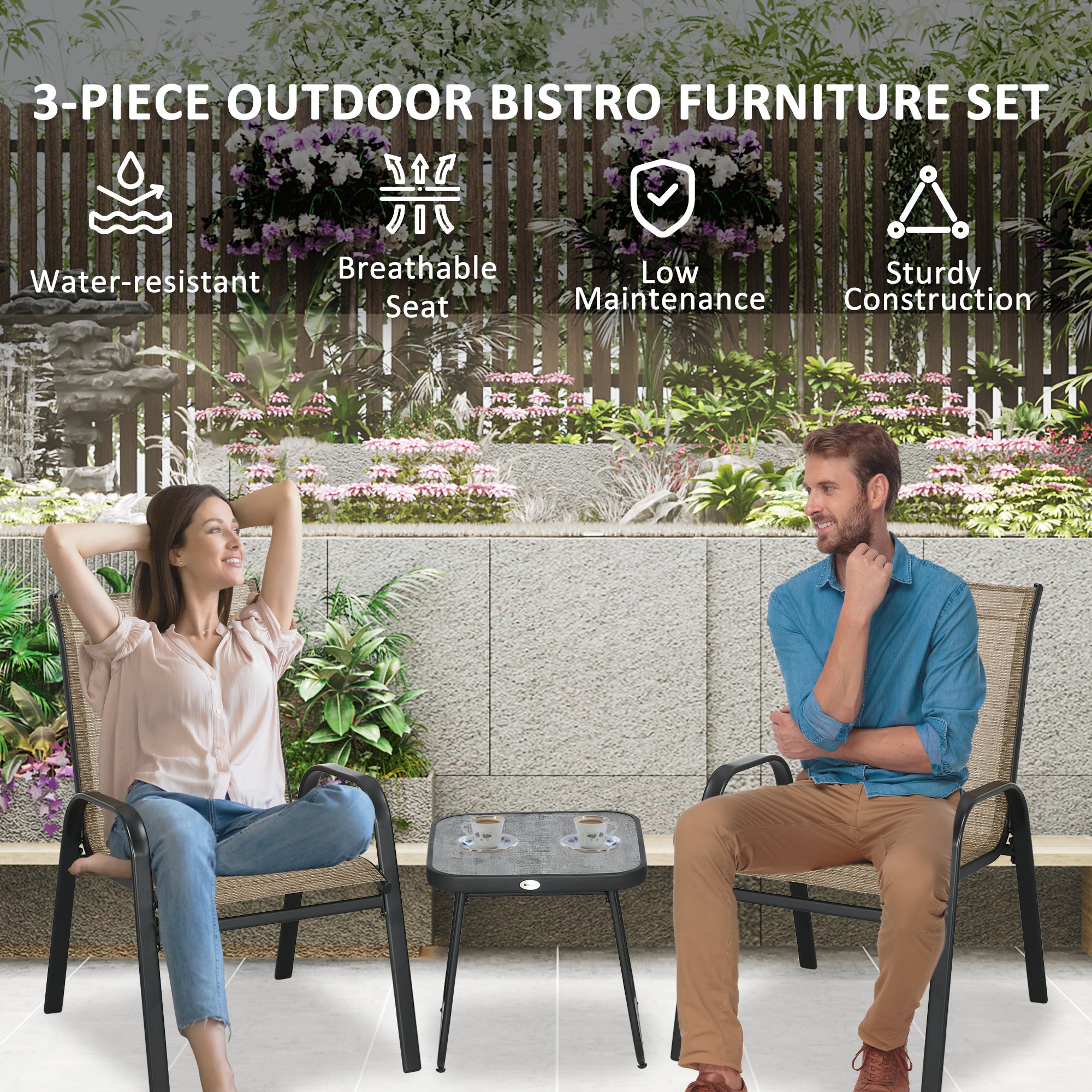 3 Pieces Outdoot Bistro Set, Patio Stackable Armchairs with Breathable Mesh Fabric and PSC Board Coffee Table, Brown