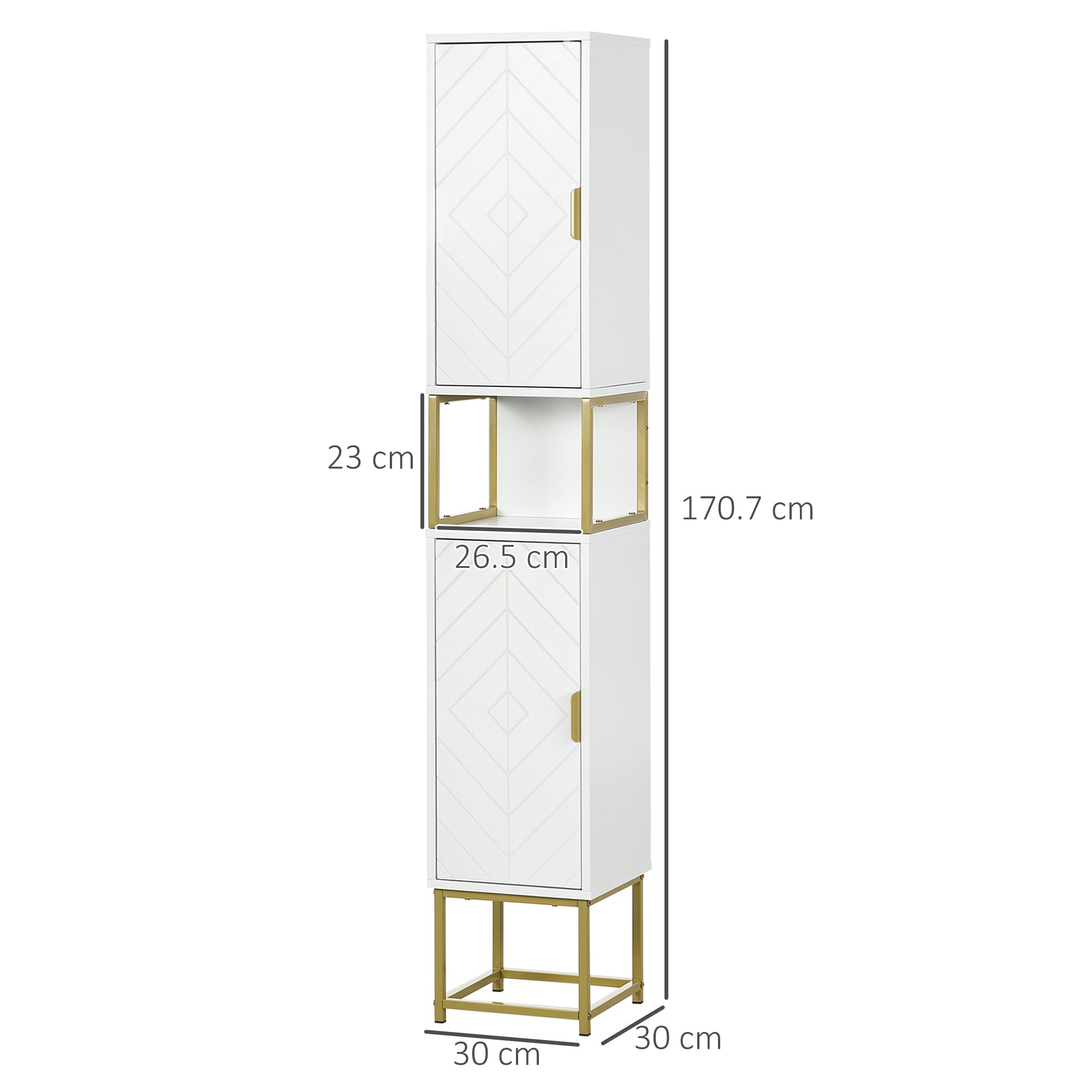 Narrow Bathroom Storage Cabinet with Adjustable Shelf and Gold Accents - White