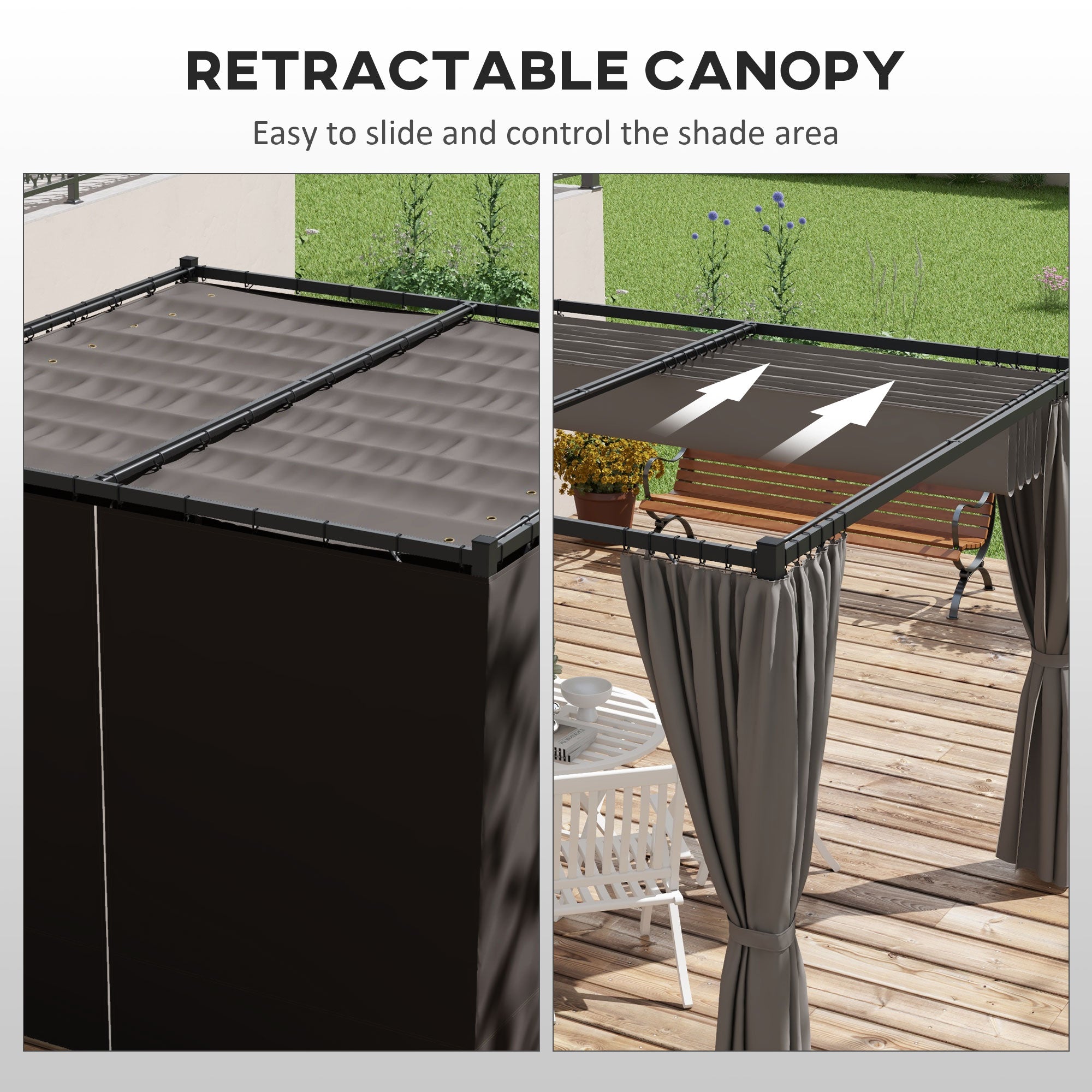 3 x 3 Metre Retractable Pergola with Curtains and Metal Frame - Light Grey