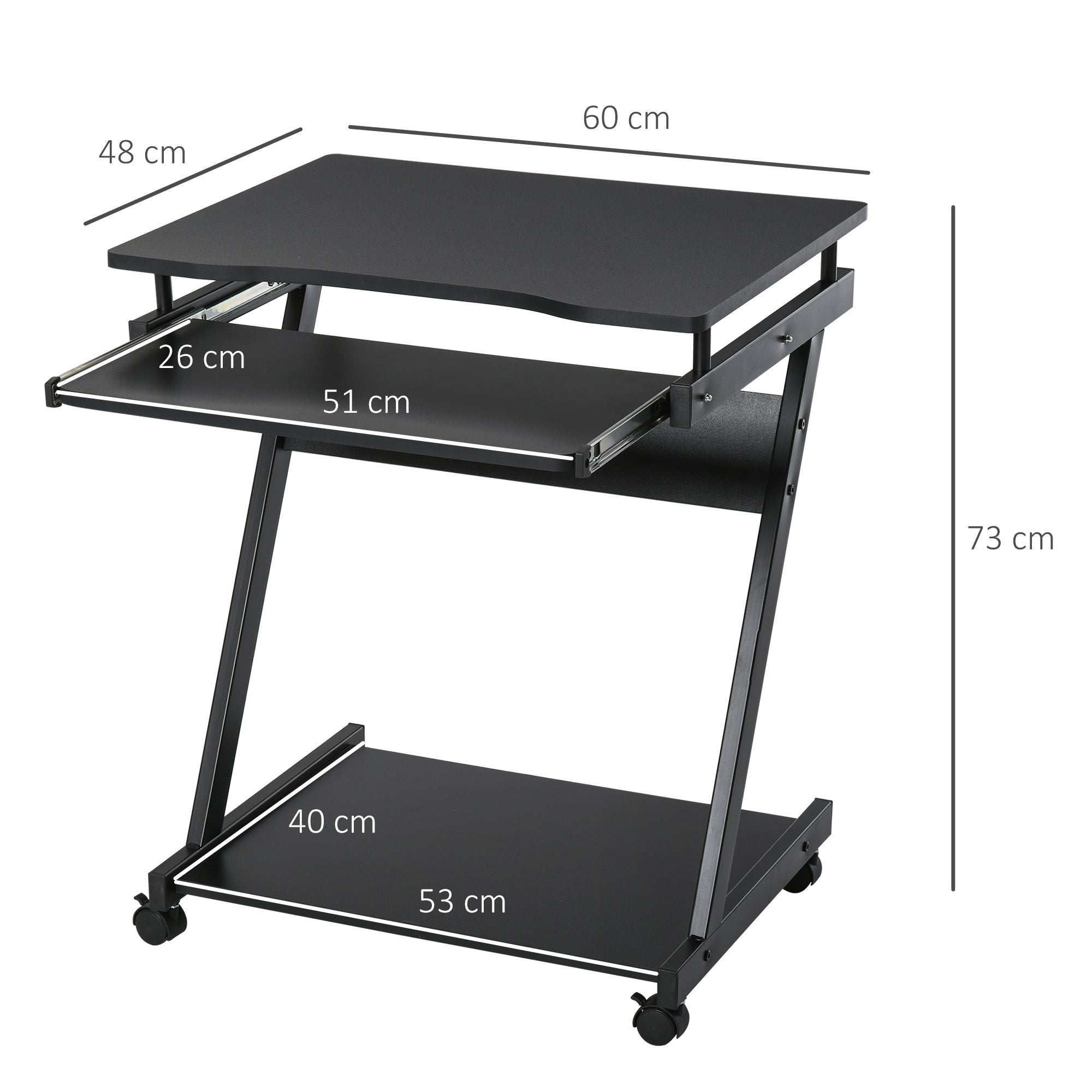 Movable Compact Small Computer Desk with 4 Moving Wheels Sliding Keyboard Tray Home Office Gaming Study Workstation Black