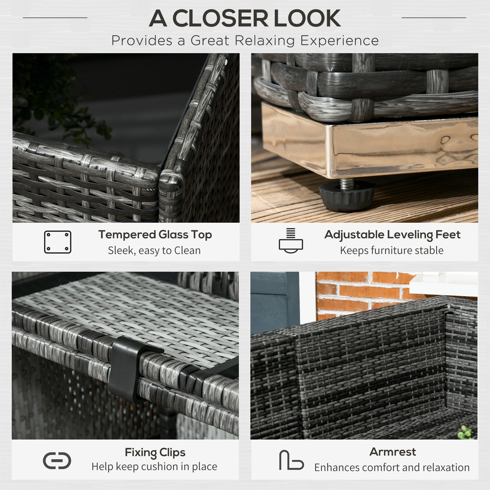 8-Piece PE Rattan Corner Sofa Set with Tempered Glass Table and Washable Cushions - Grey