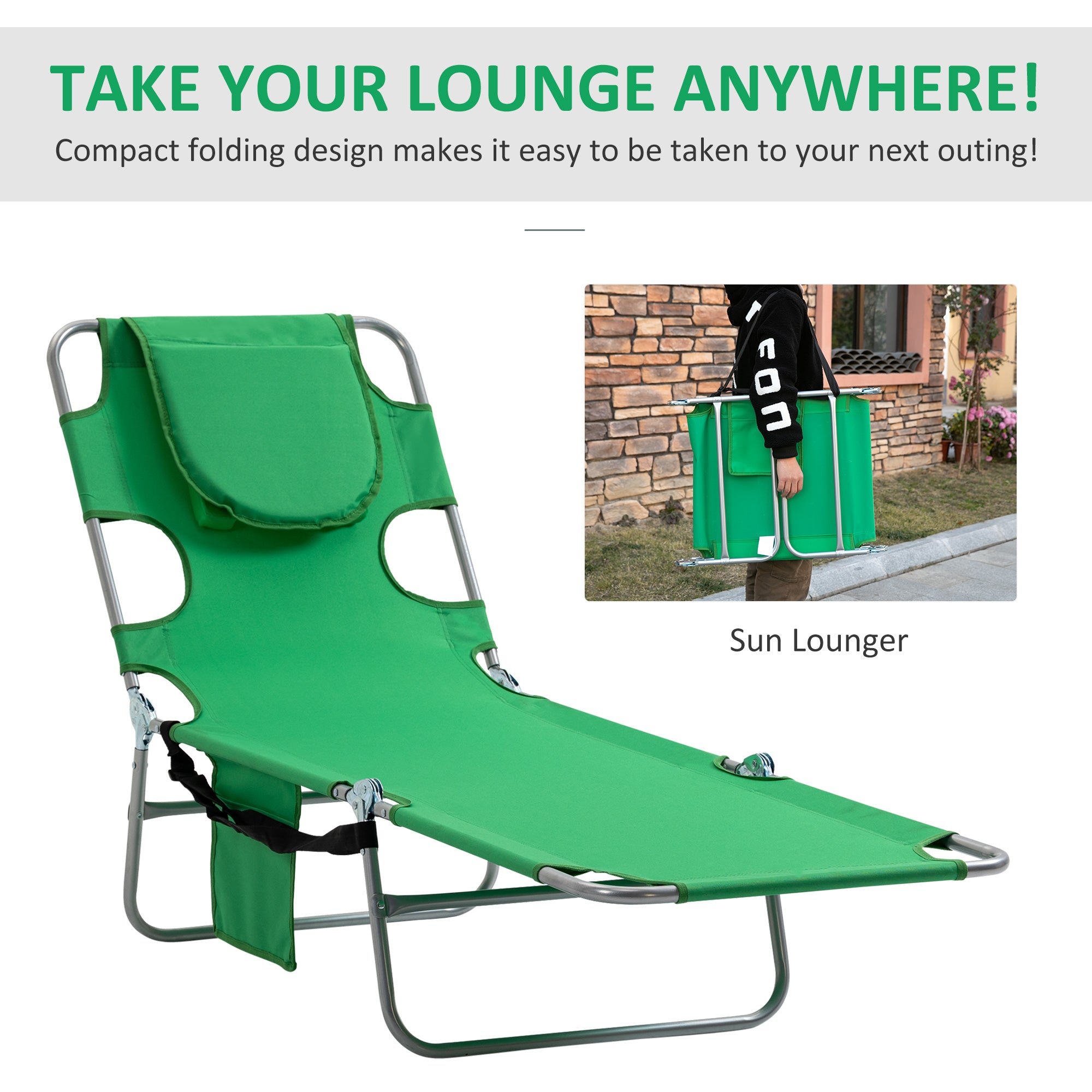 Beach Chaise Lounge with Face Cavity & Arm Slots, Portable Sun Lounger, Reclining Lounge Chair for Patio Garden Beach Pool, Green