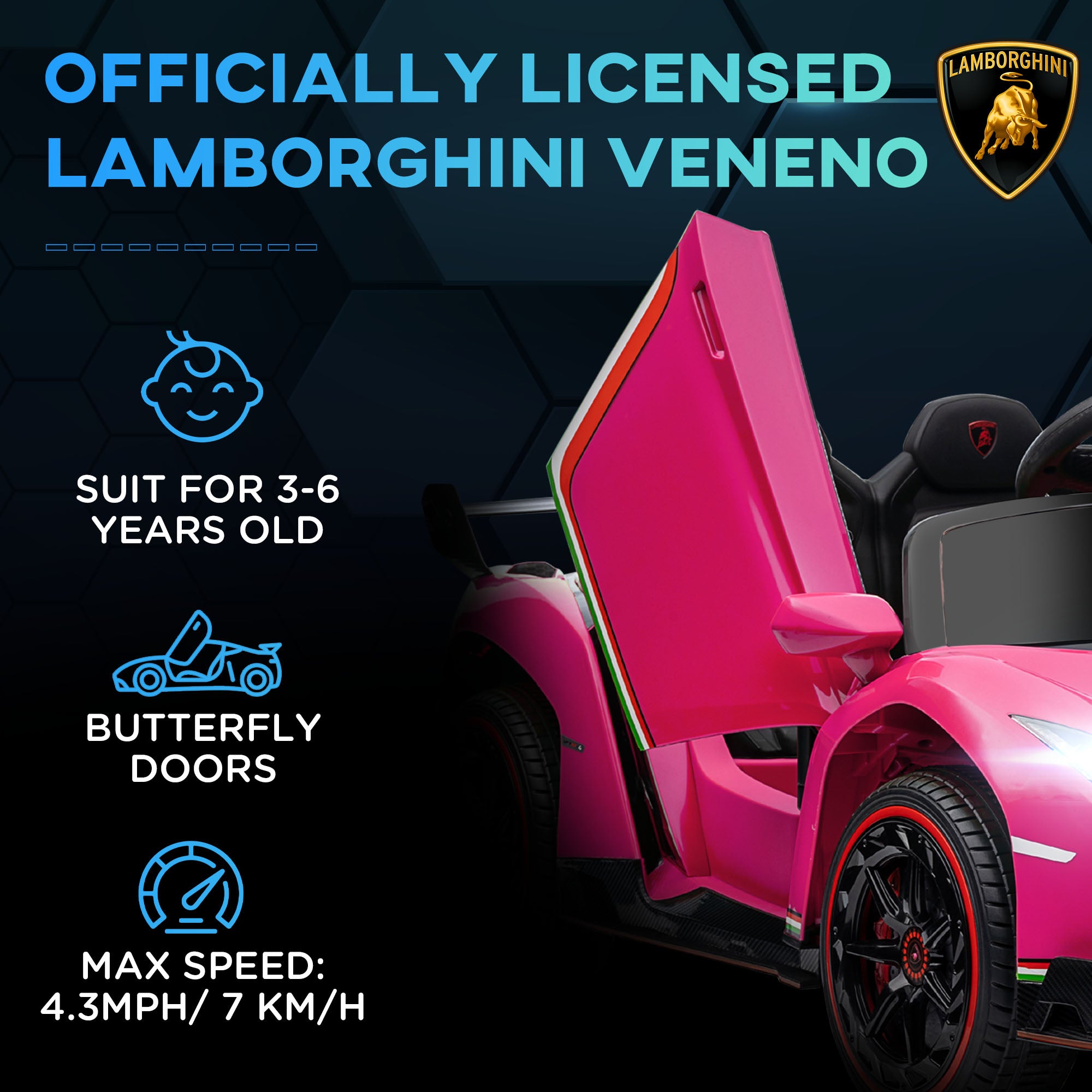 Lamborghini Veneno Licensed 12V Kids Electric Ride on Car w/ Butterfly Doors, Portable Battery, Powered Electric Car w/ Bluetooth, Pink