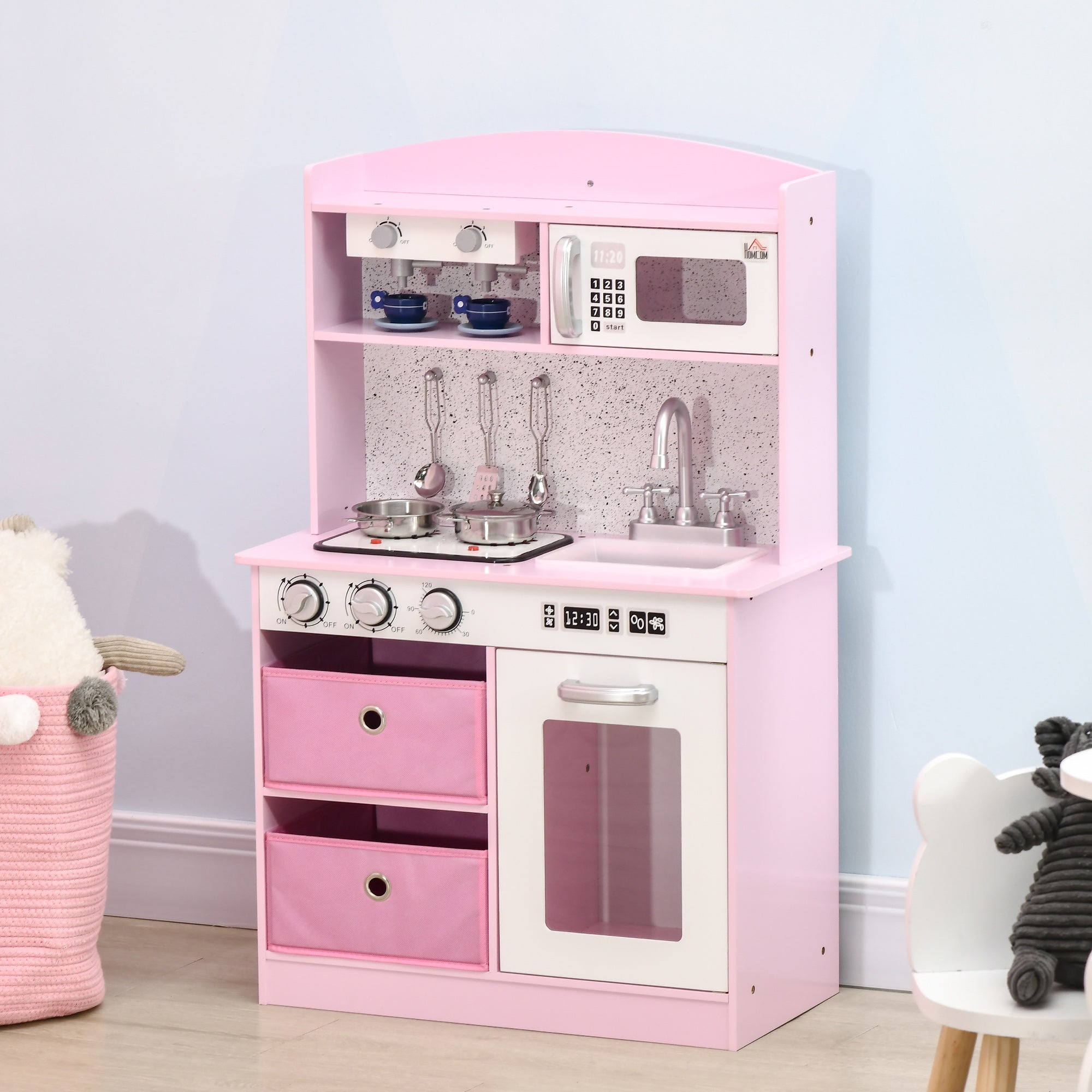 Wooden Play Kitchen with Lights and Sound, Kids Kitchen Playset with Coffee Maker Microwave Sink Utensils Storage Bins, Pretend Role Play Pink