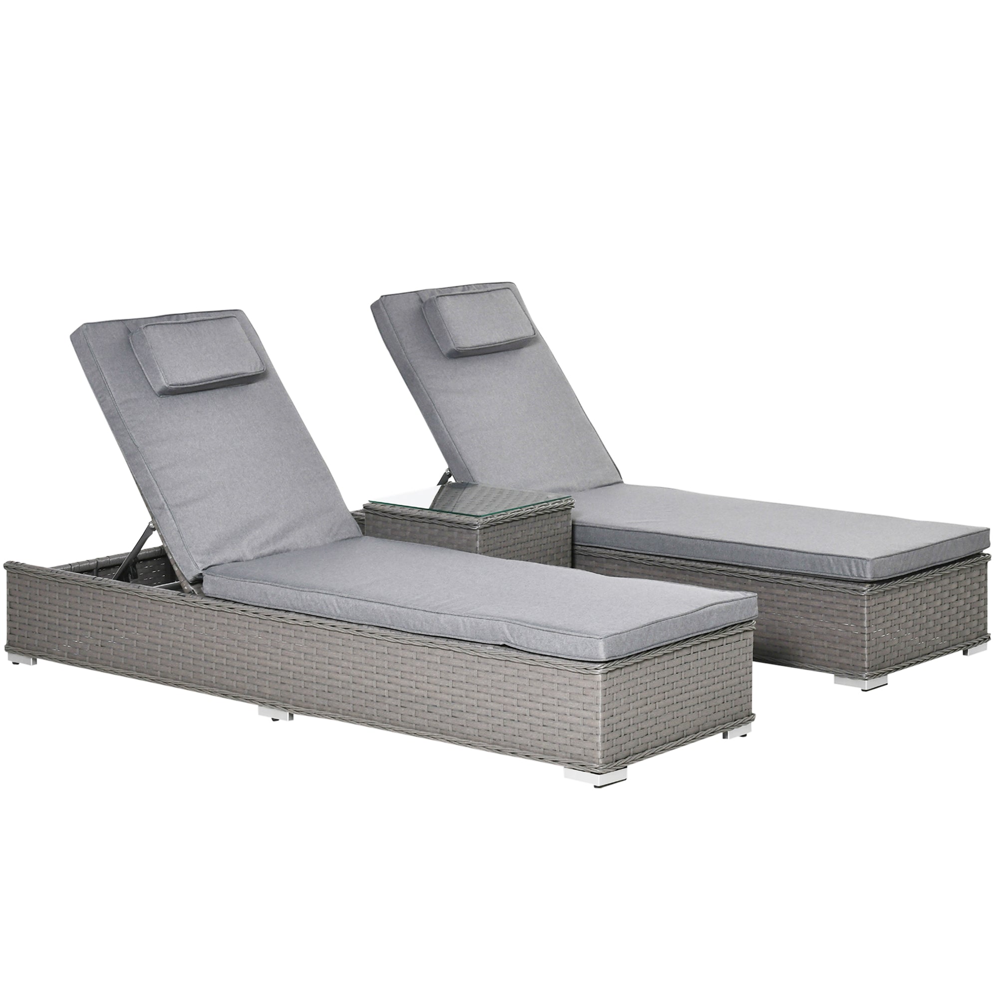 3 Piece Rattan Sun Lounger Set, Garden Furniture with Side Table, 5-Position Adjustable Recline Chair, Grey