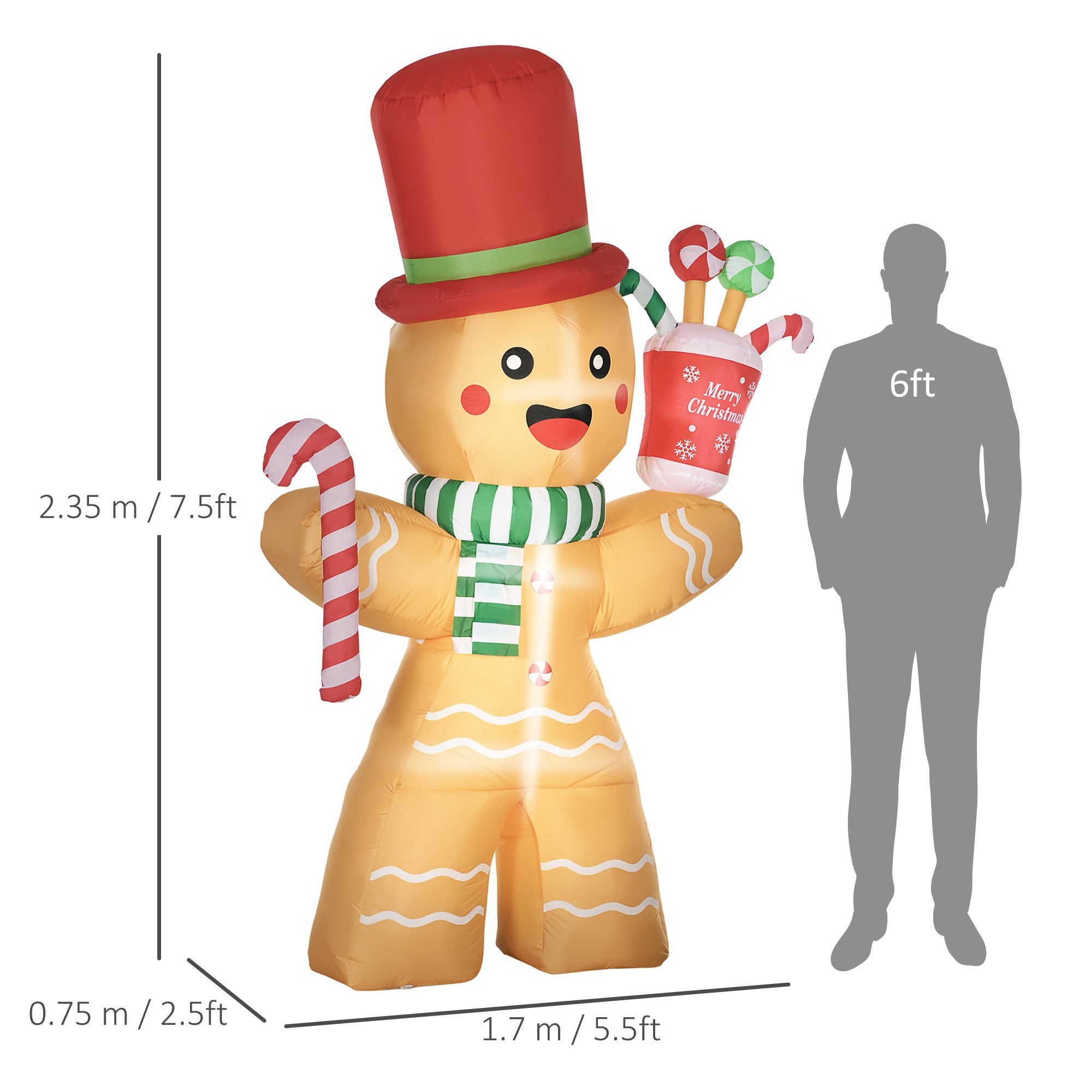 7.5FT Christmas Inflatable Gingerbread Man with Candy Cane and LED Lights, Blow-Up Outdoor LED Garden Display for Lawn, Party