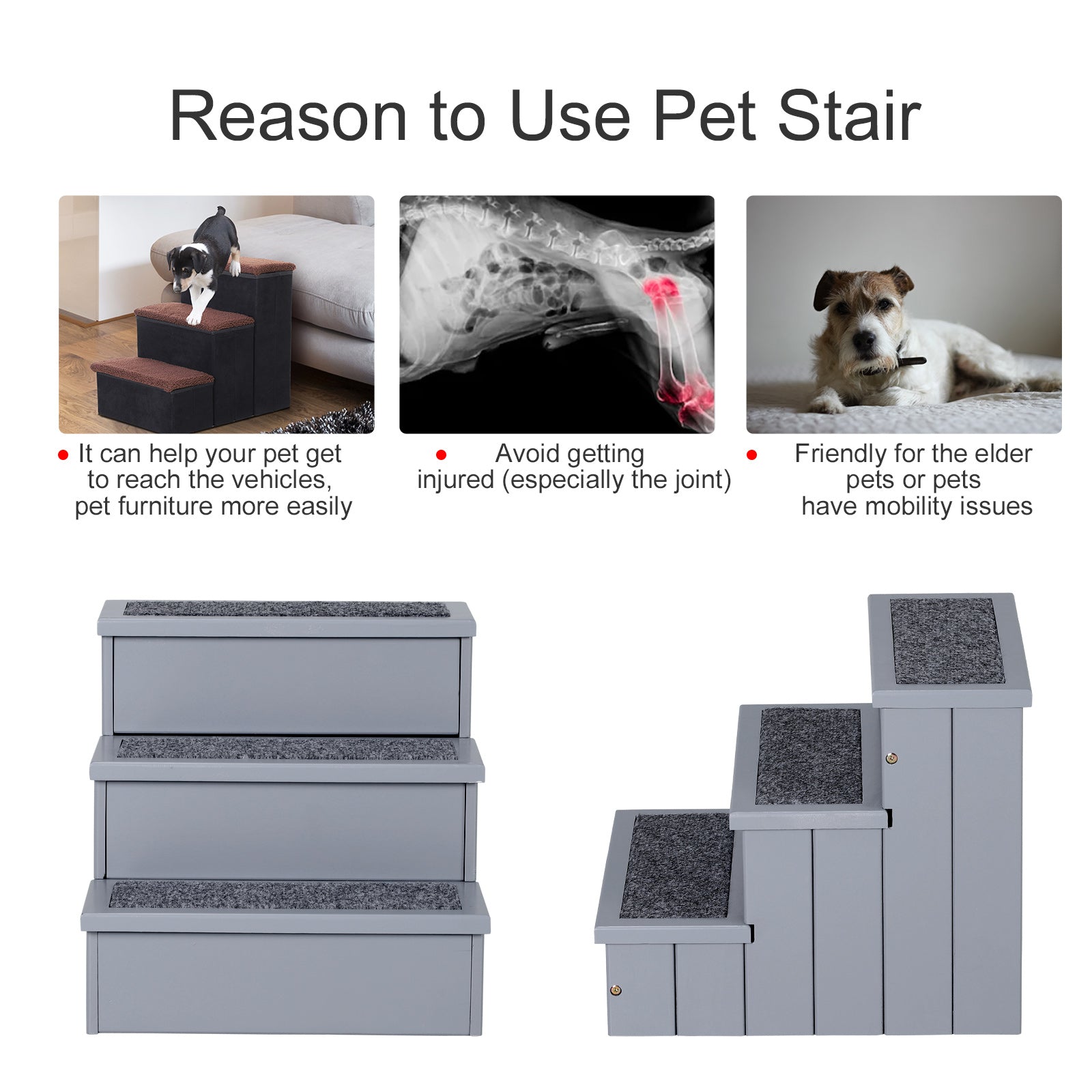 3 Step Wooden Pet Stairs Steps Dog Stairs Carpet Non Slip Grey