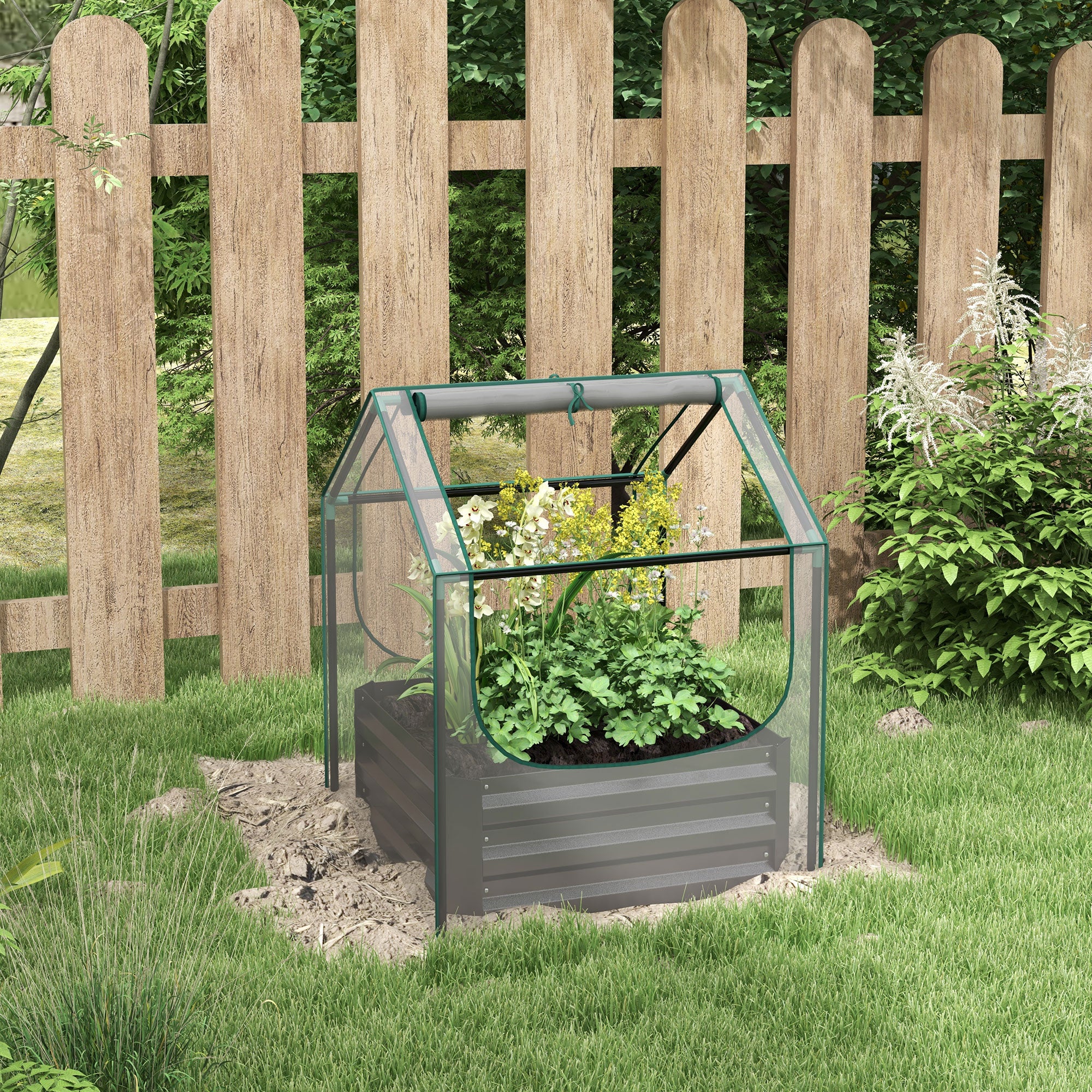 Metal Planter Box with Cover, Raised Garden Bed with Greenhouse, for Herbs and Vegetables, Clear and Dark Grey