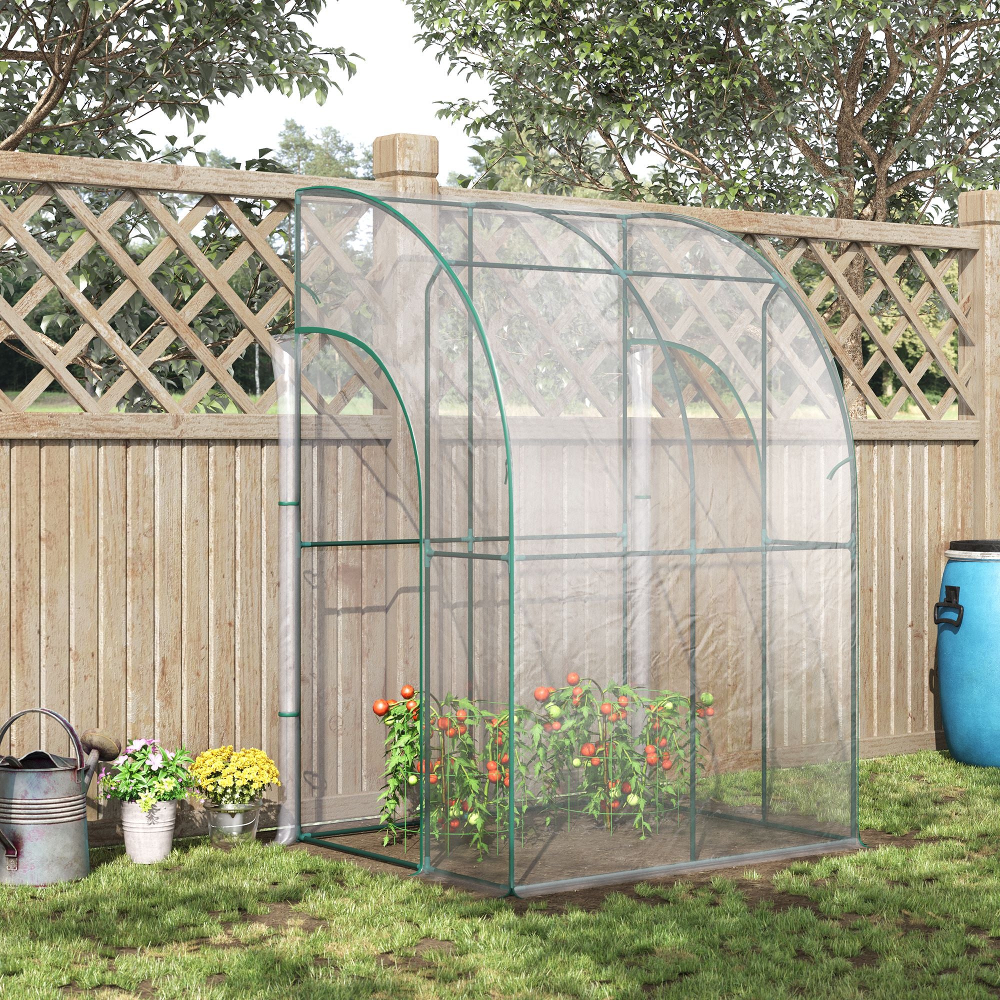 Walk-In Greenhouse Lean to Wall Tunnel Greenhouse with Zippered Roll Up Door PVC Cover Sloping Top, 143 x 118 x 212 cm