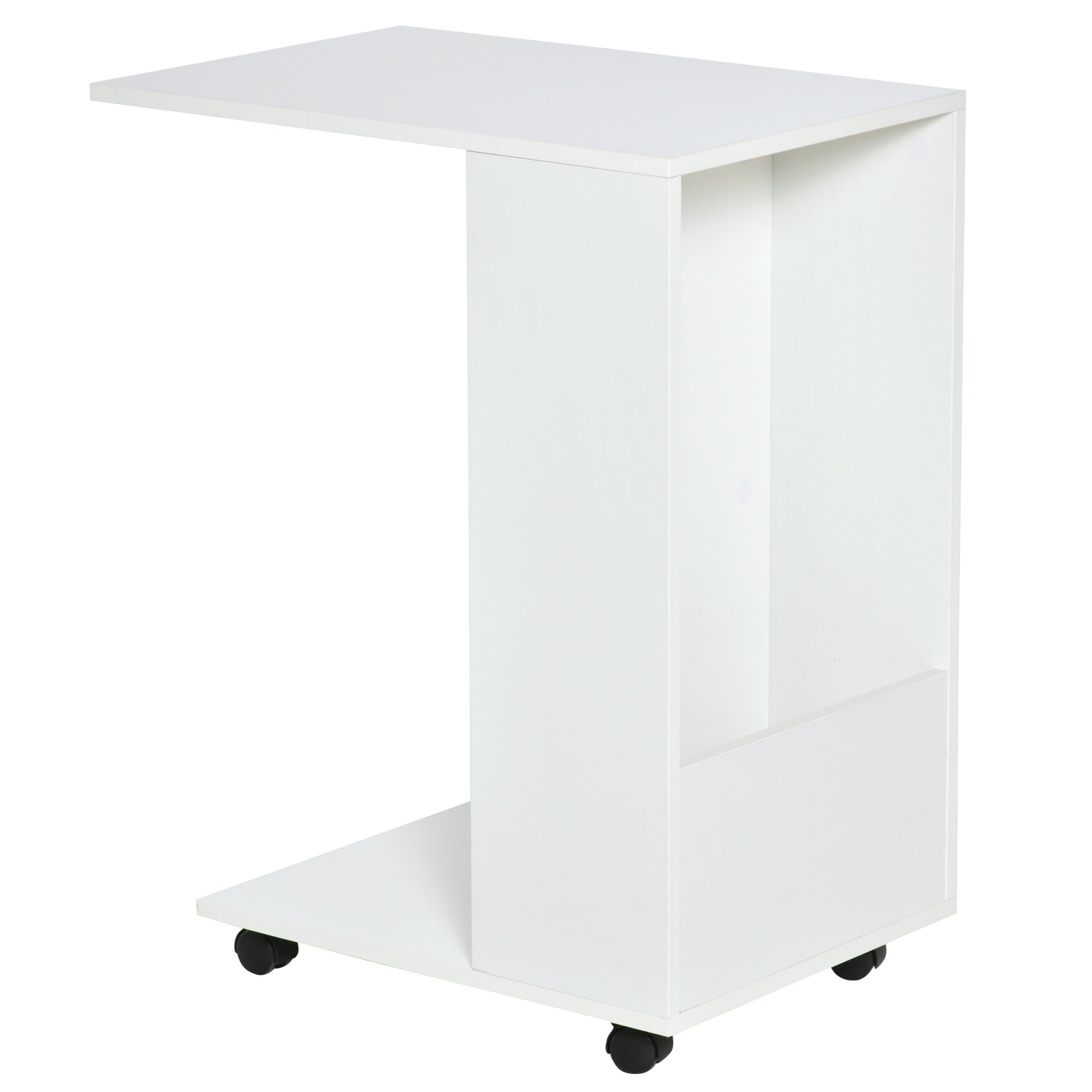 Mobile Sofa Side Table C-Shape End Table with Storage and Casters for Laptop Coffee Snack, White