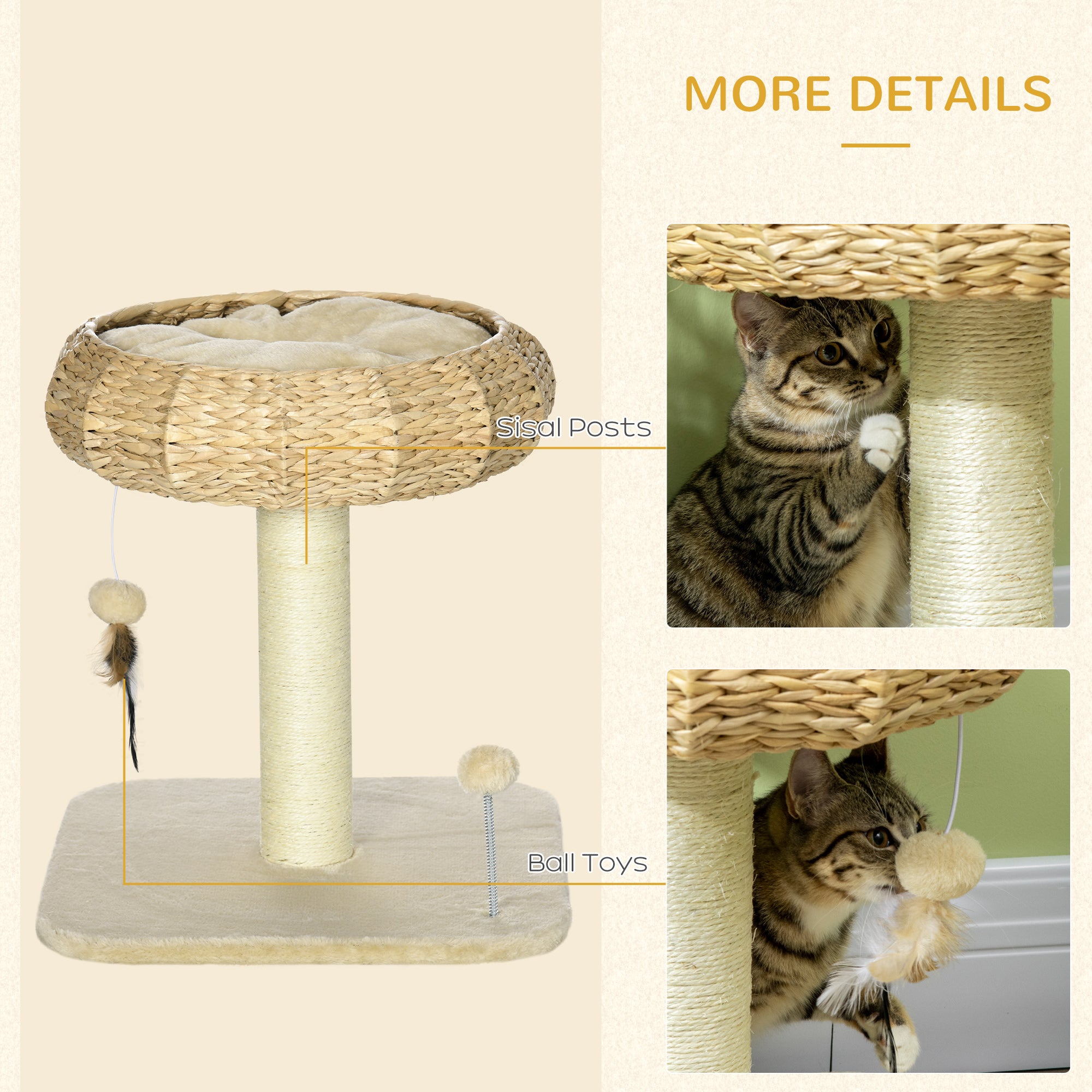 51cm Cat Tree, Kitty Activity Center, Cat Climbing Toy, Cat Tower with Cattail Bed Ball Toy Sisal Scratching Post, Beige