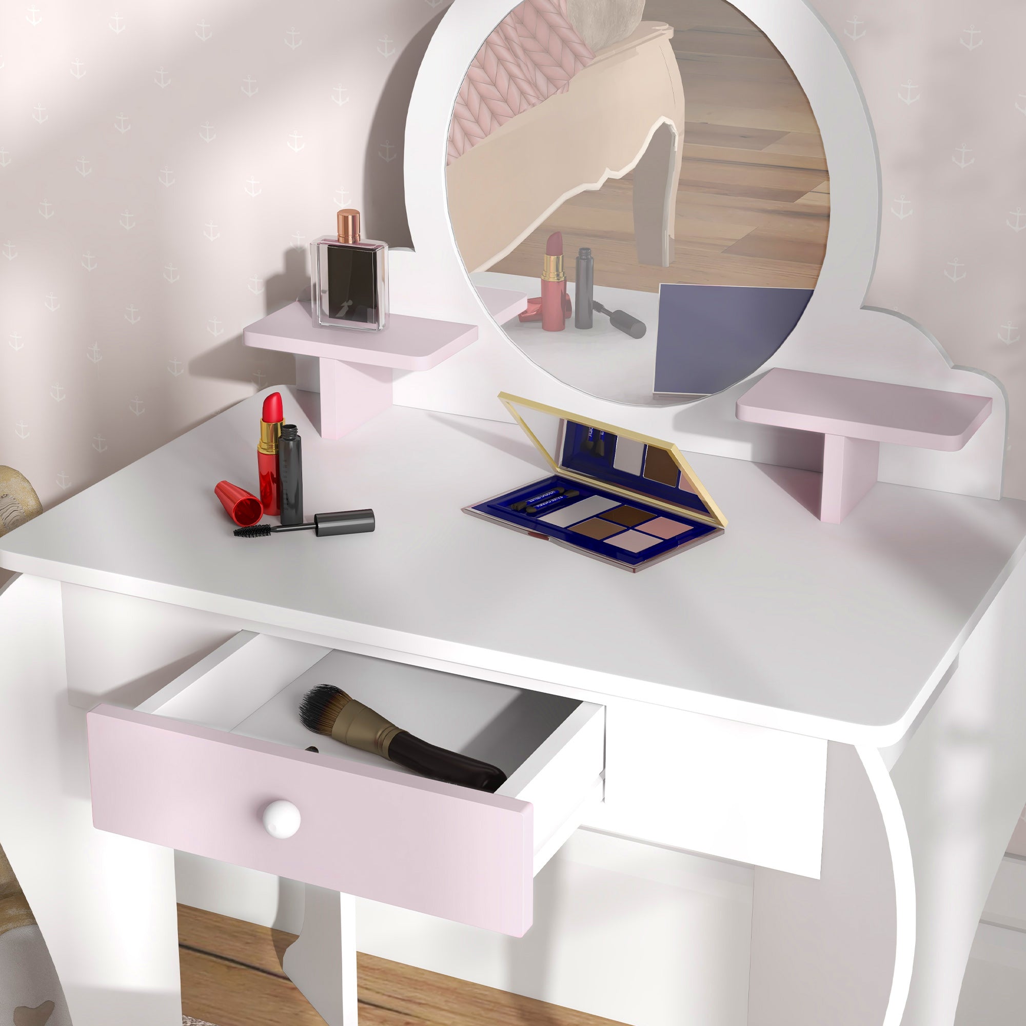 Bunny-Design Kids Dressing Table, with Mirror and Stool - White and Pink