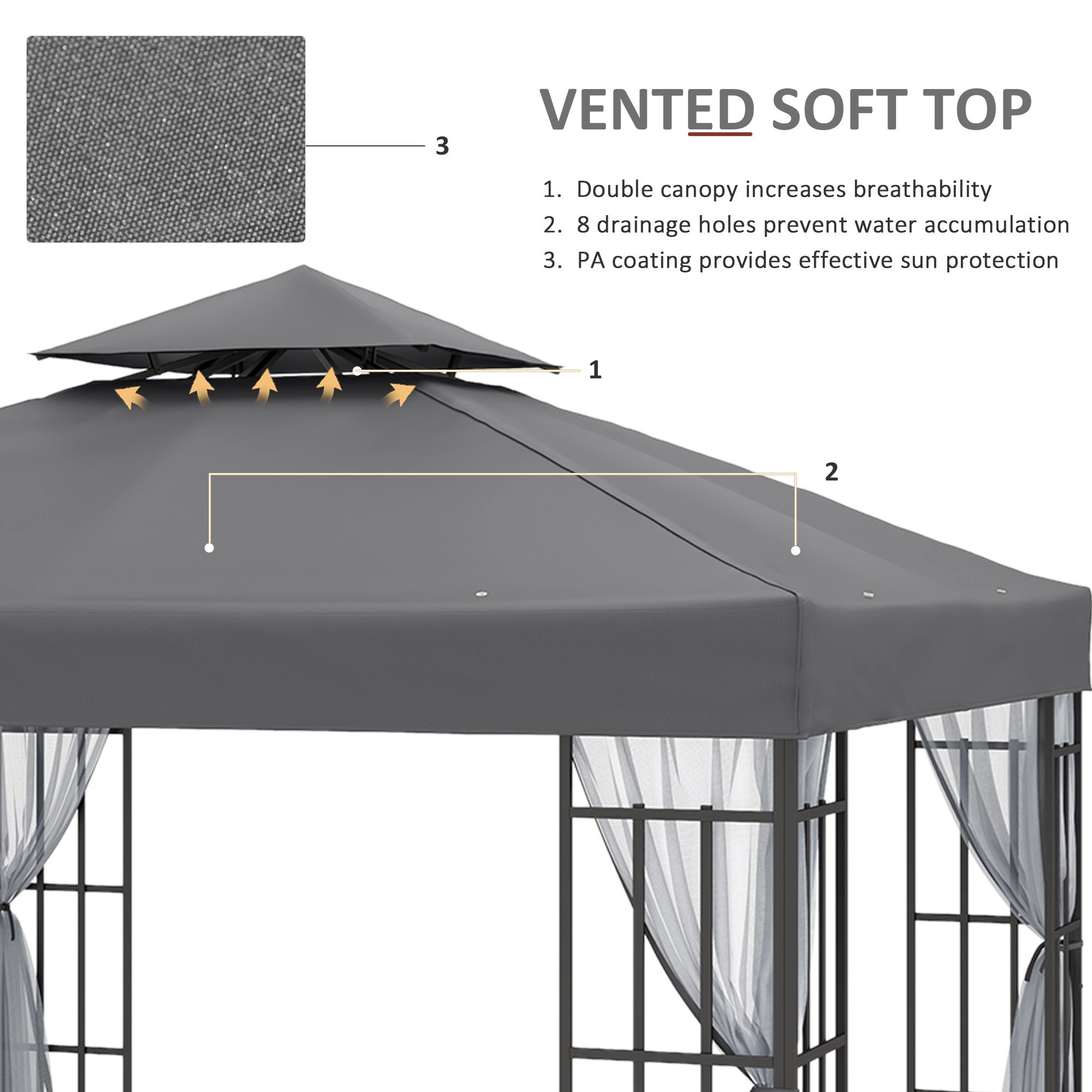 3 Metre Patio Gazebo with Mosquito Netting and Steel Frame - Grey