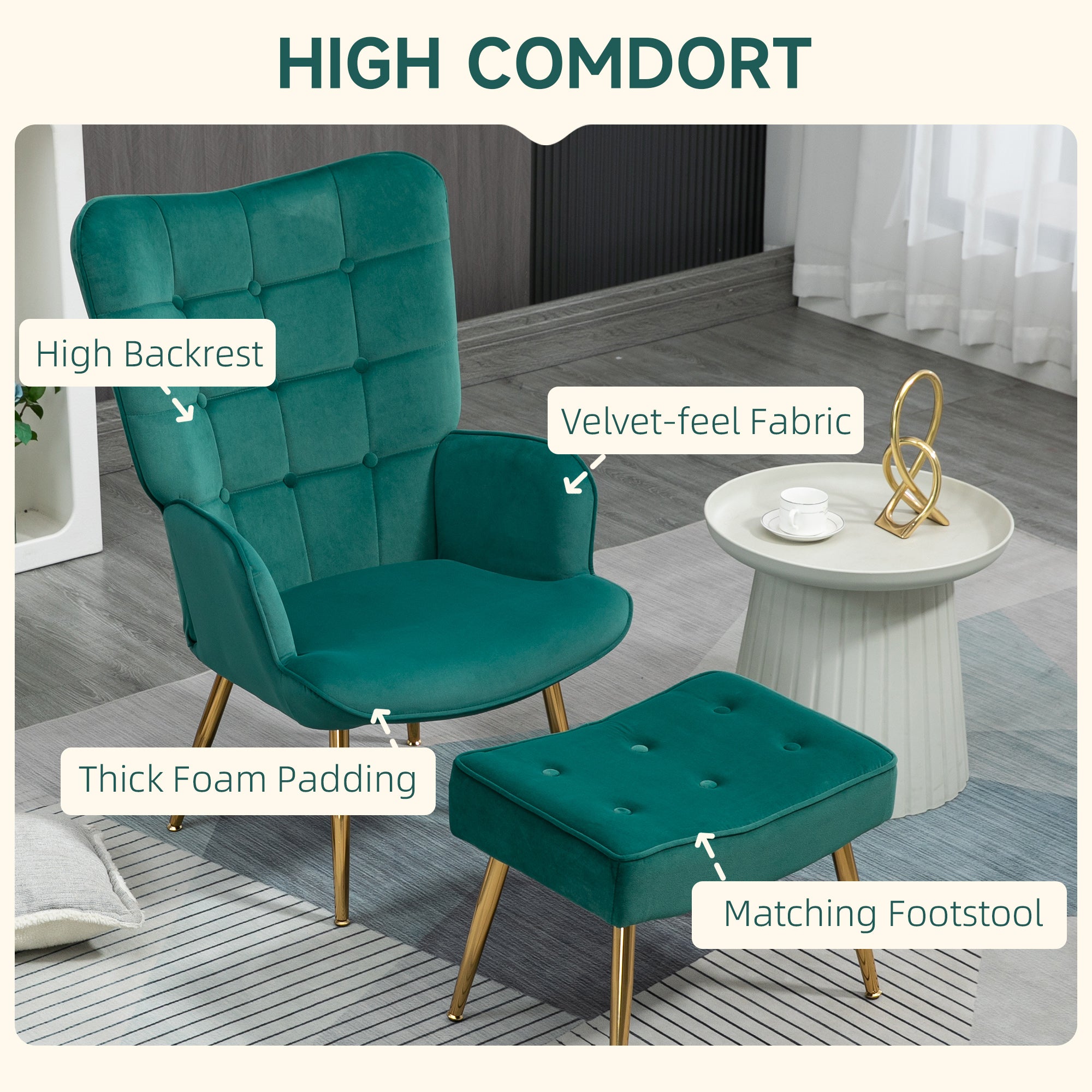 Upholstered Armchair w/ Footstool Set, Modern Button Tufted Accent Chair w/ Gold Tone Steel Legs, Wingback Chair, Dark Green