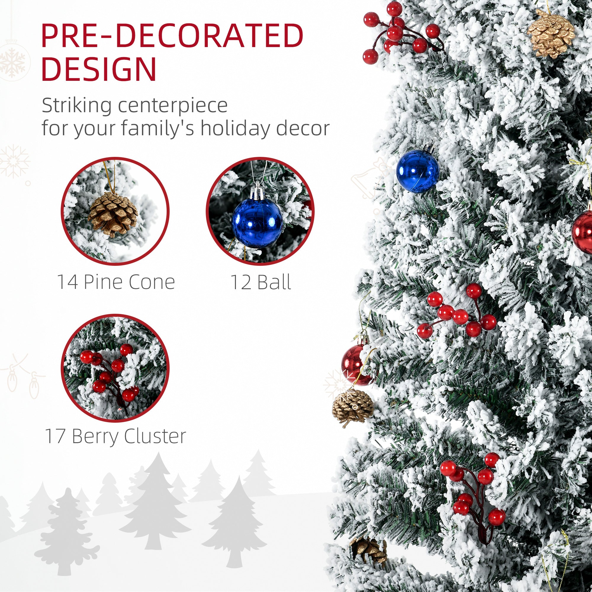 7.5' Artificial Prelit Christmas Trees Holiday Décor with Warm White LED Lights, Flocked Tips, Berry, Pine Cone