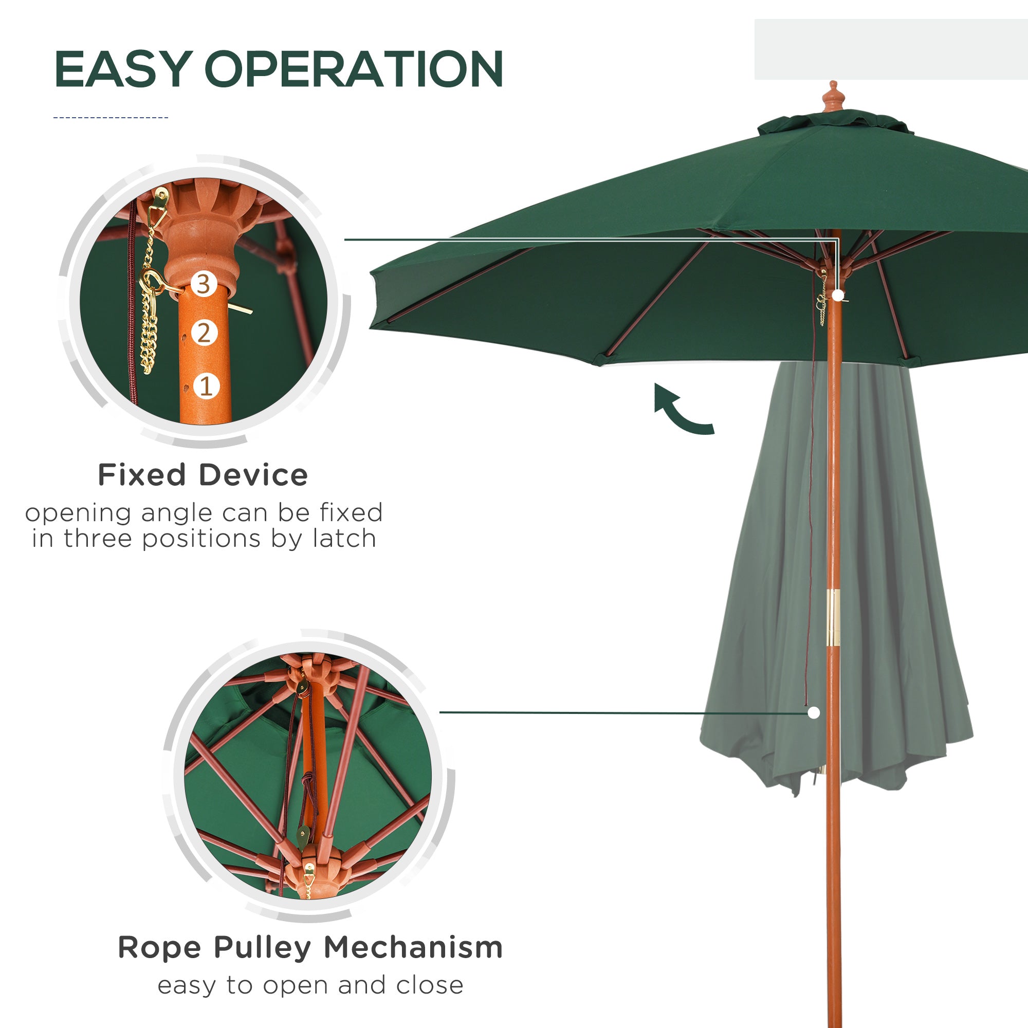 2.5m Wood Garden Parasol Sun Shade Patio Outdoor Market Umbrella Canopy with Top Vent, Dark Green