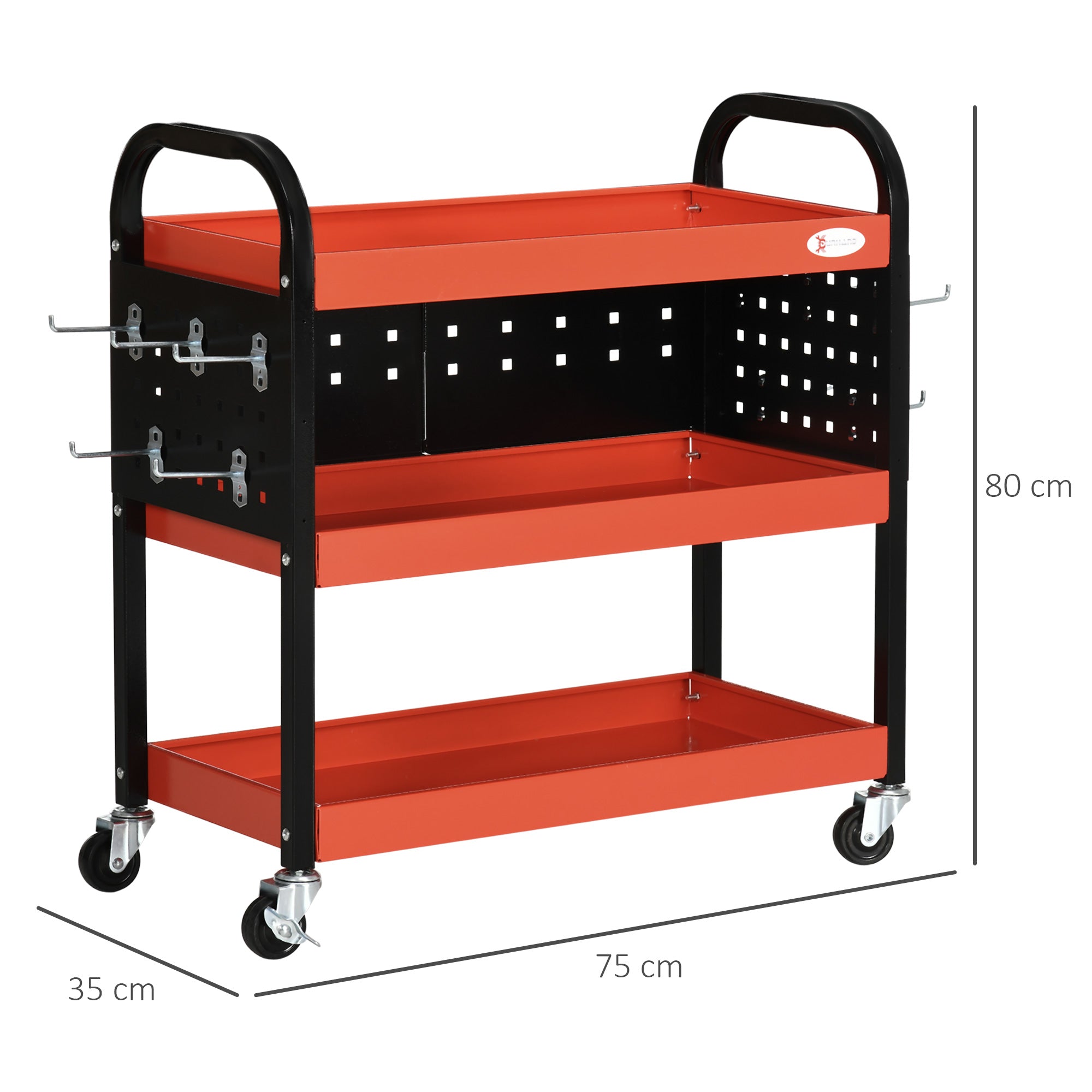 3 Tier Shelf Tool Cart Storage Trolley Wheel Cart for Garage Workshop Warehouse DIY Tool with 10 Hooks 100 kg Red