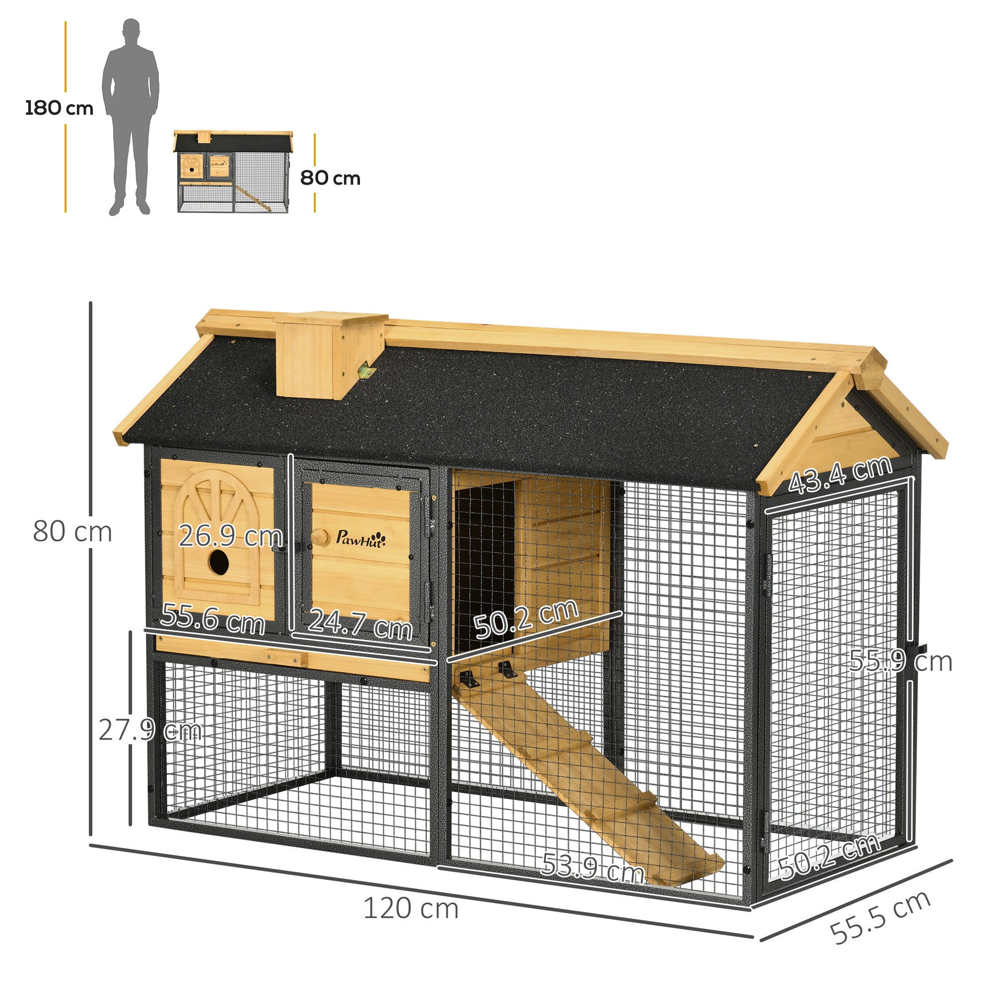 Rabbit Hutch Outdoor Bunny Cage with Run, Removable Tray, Ramp, Small Animal House, 120 x 55.5 x 80 cm