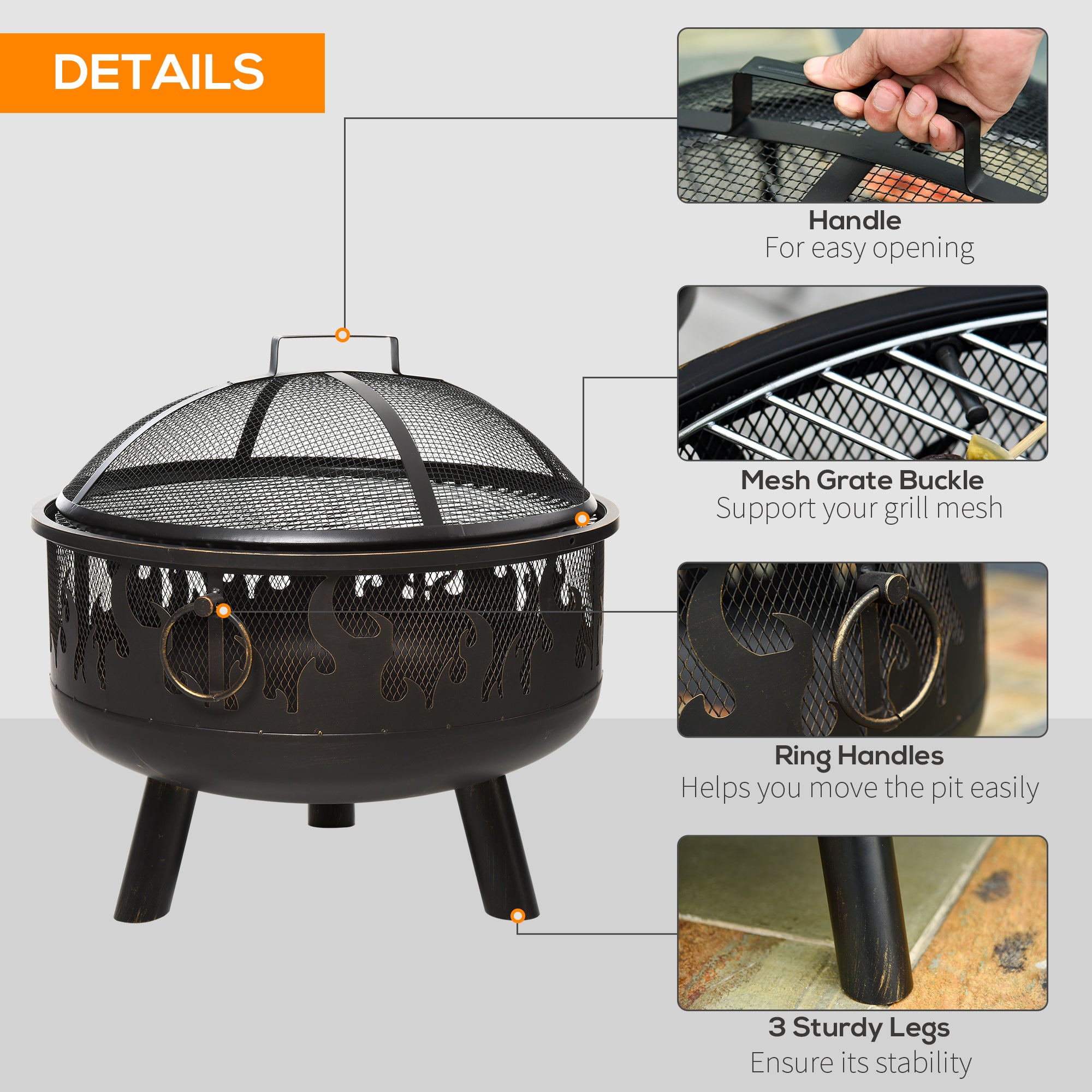 2-in-1 Outdoor Fire Pit and Steel BBQ Grill with Spark Screen and Fire Poker for Patio - Black