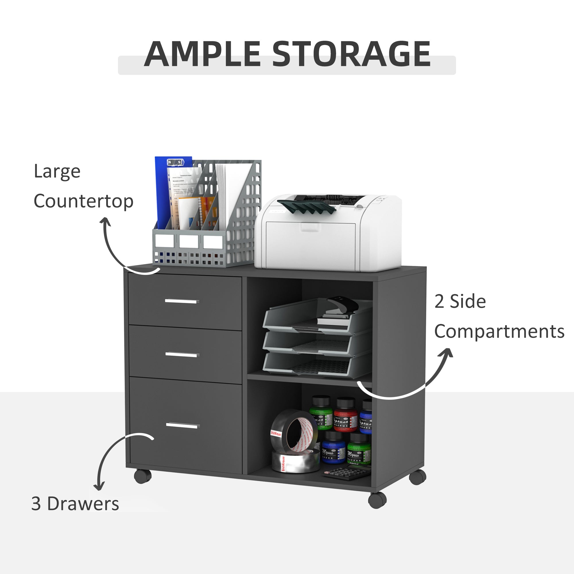 Freestanding Printer Stand Unit Office Desk Side Mobile Storage w/ Wheels 3 Drawers, 2 Open Shelves Modern Style 80L x 40W x 65H cm - Grey