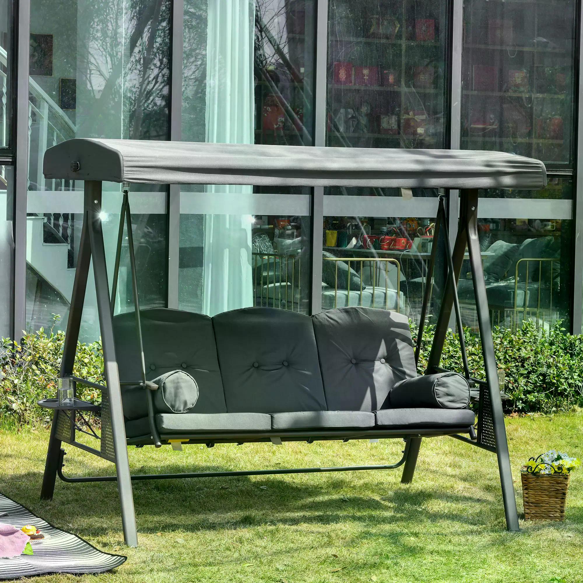 3 Seater Garden Swing Chair Outdoor Hammock Bench w/ Adjustable Canopy, Cushions and Cup Trays, Steel Frame, Dark Grey