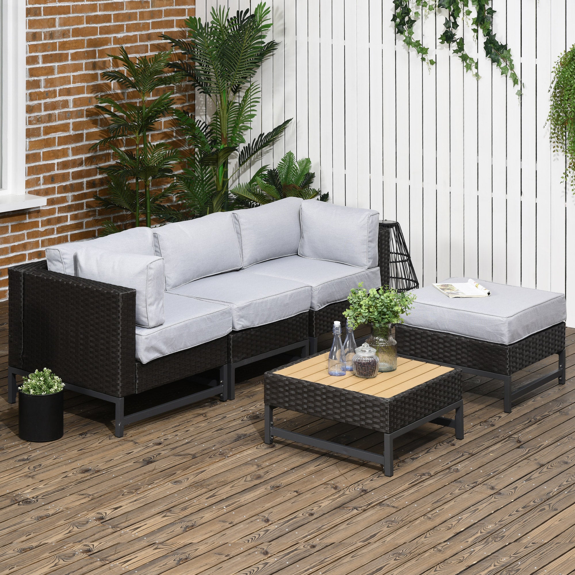 5 Pieces Outdoor PE Rattan Corner Sofa, Patio Wicker Woven Rattan Garden Furniture w/ Thick Padded Cushions, Wood Grain Plastic Top Table