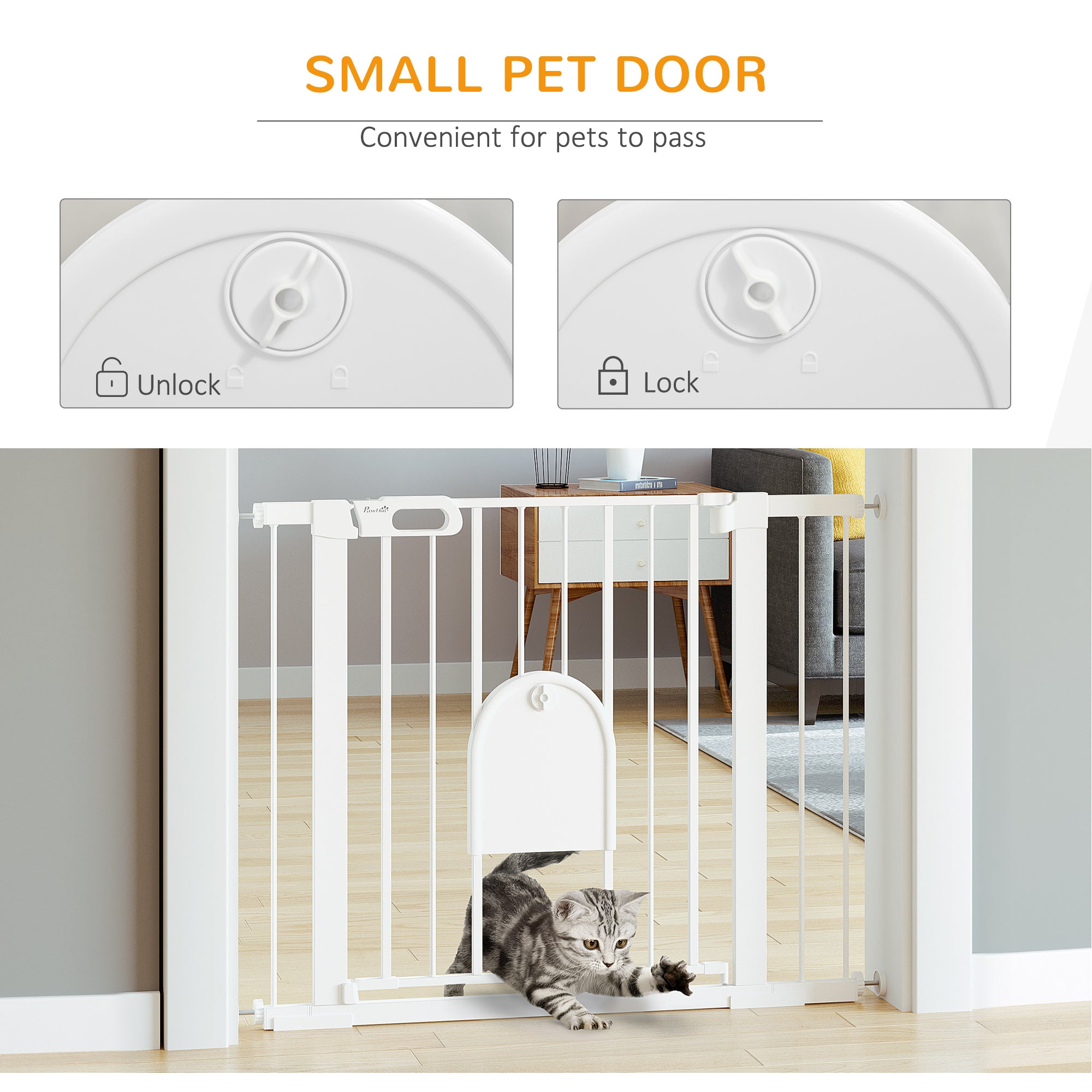 Dog Gate with Cat Flap Pet Safety Gate Barrier, Stair Pressure Fit, Auto Close, Double Locking, for Doorways, Hallways, 75-103 cm White