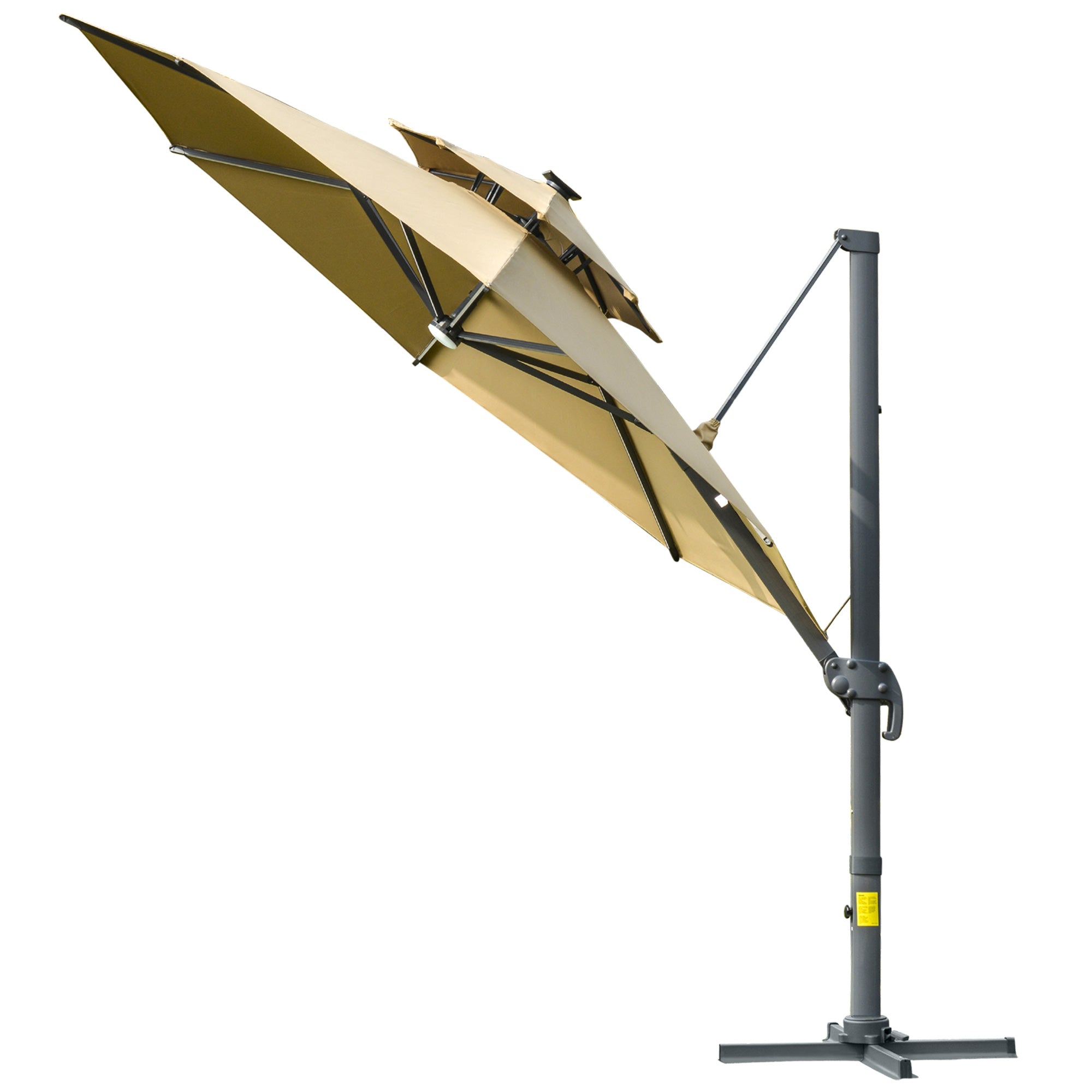 3m Cantilever Parasol w/ Solar Lights Power Bank Cross Base Adjustable Canopy 360° Spin Outdoor Garden Umbrella 2-Tier Roof Sun Shade Khaki