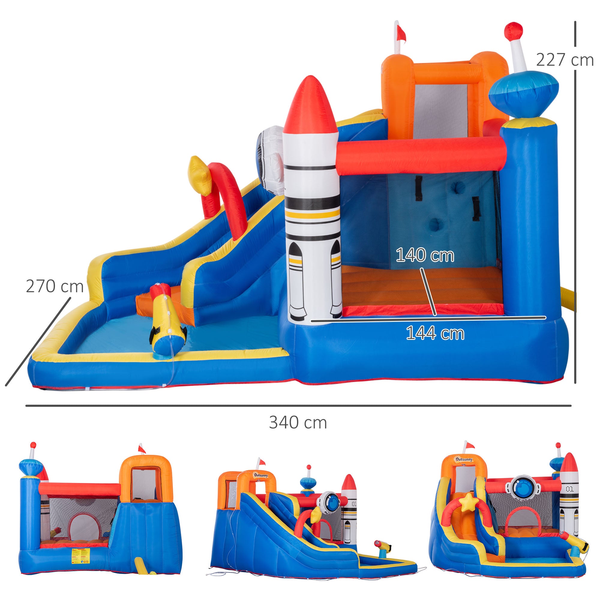 5 in 1 Kids Bounce Castle Large Water Space Style Inflatable House Slide Trampoline Pool Water Gun Climbing Wall for Kids Age 3-8