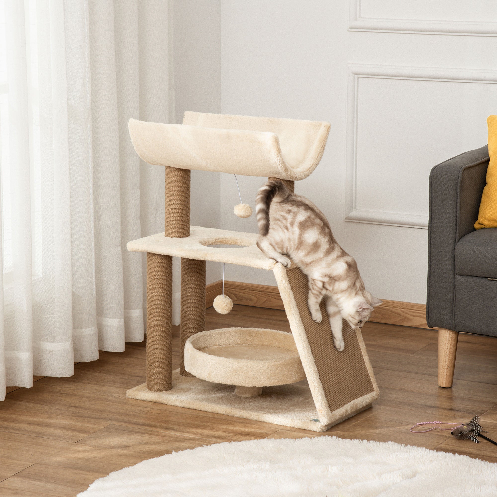 Cat Tree for Indoor Cats with Scratching Posts Pad, Kitten Tower with Bed Perch Ball Toy, 60 x 30 x 76 cm, Light Brown