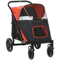 Foldable Pet Stroller with Shock Absorber, Universal Front Wheels, Brakes & Storage Bags - Red