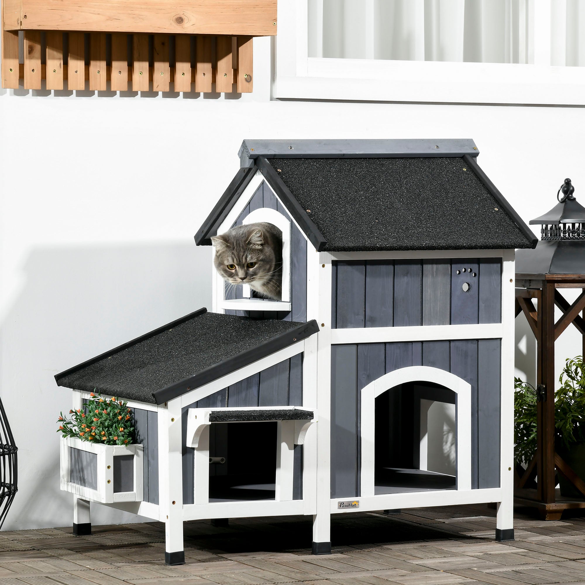 Wooden Cat House Outdoor with Flower Pot, 2 Tiers Cat Shelter with Window, Multiple Entrances, Water-resistant Roof, Grey