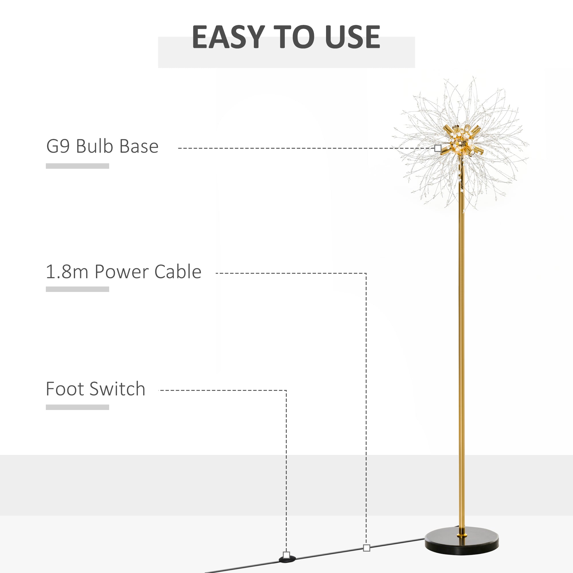 Modern Tall Floor Lamp with Dandelion Lampshade for Living Room - Gold Tone