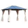 3.6 x 3 Metre Hardtop Gazebo with Polycarbonate Roof and Removable Curtains - Brown