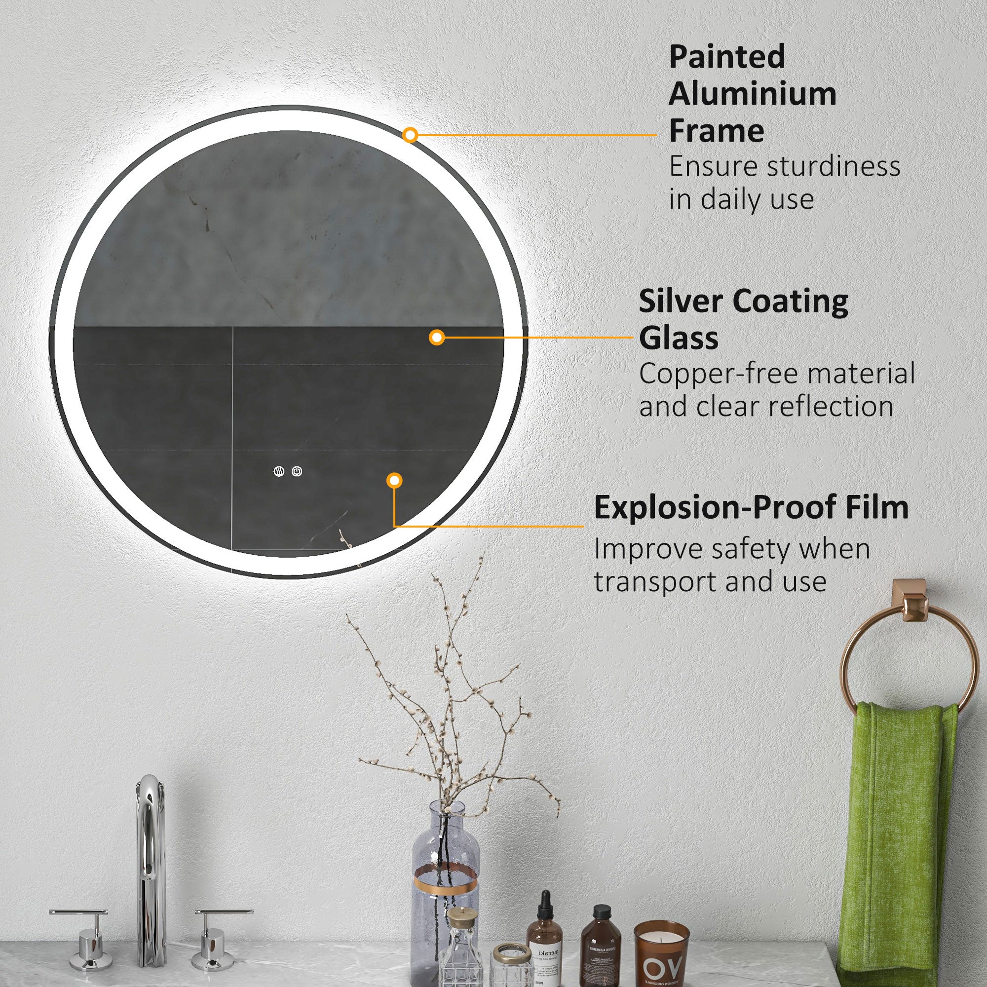 Round Bathroom Mirror with LED Lights, 3 Temperature Colours, Defogging Film, Aluminium Frame, Hardwired, 60 x 60 cm