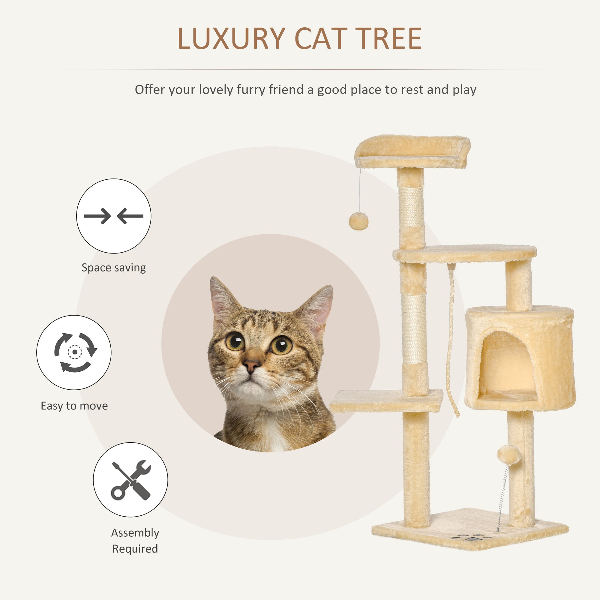 Cat Tree House, 114H cm-Beige