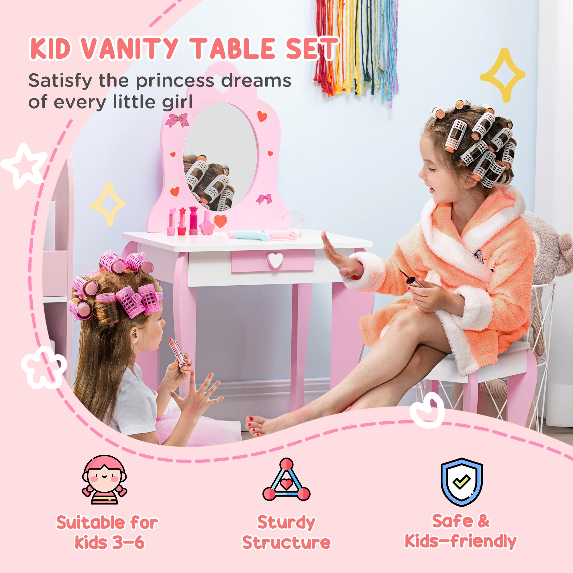 4PCs Kids Bedroom Furniture Set with Bed, Toy Box Bench, Dressing Table and Stool, Princess Themed, for 3-6 Years Old, Pink