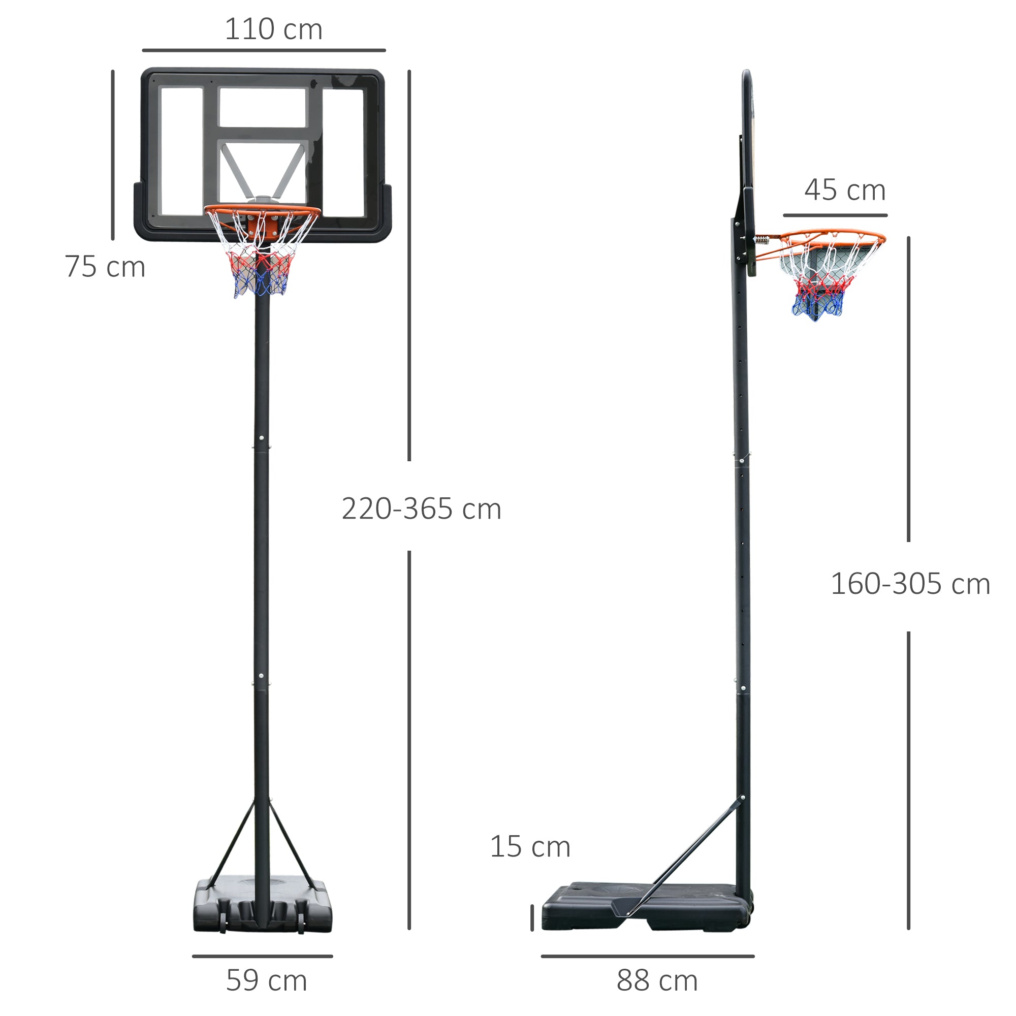 Portable Freestanding Basketball Hoop Stand Transparent Backboard 231-305cm Adjustable Basketball Hoop with Two Moving Wheels For Adult