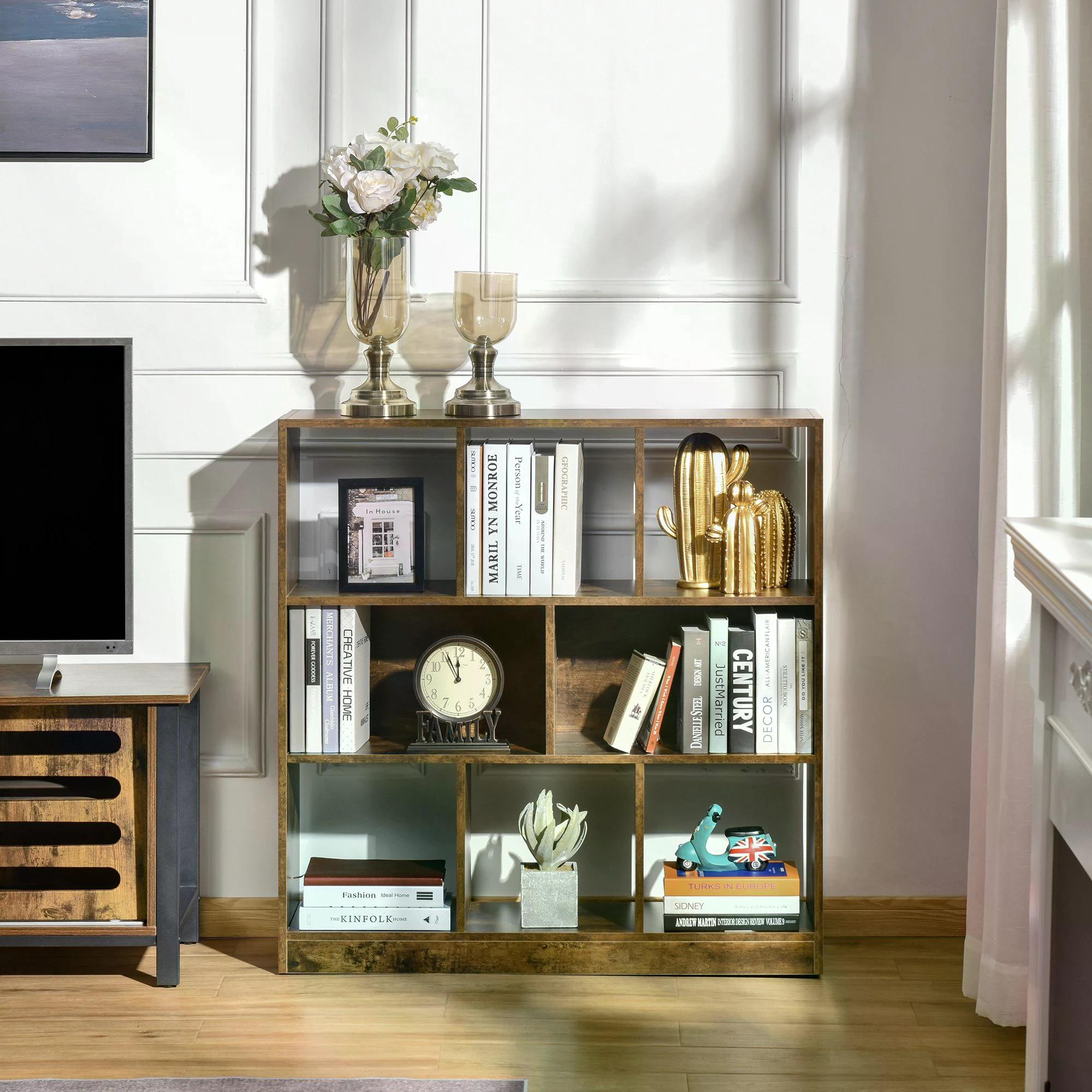 Storage Shelf 3-Tier Bookcase Display Rack Home Organizer for Home Office, Living Room, Playroom, Rustic Brown