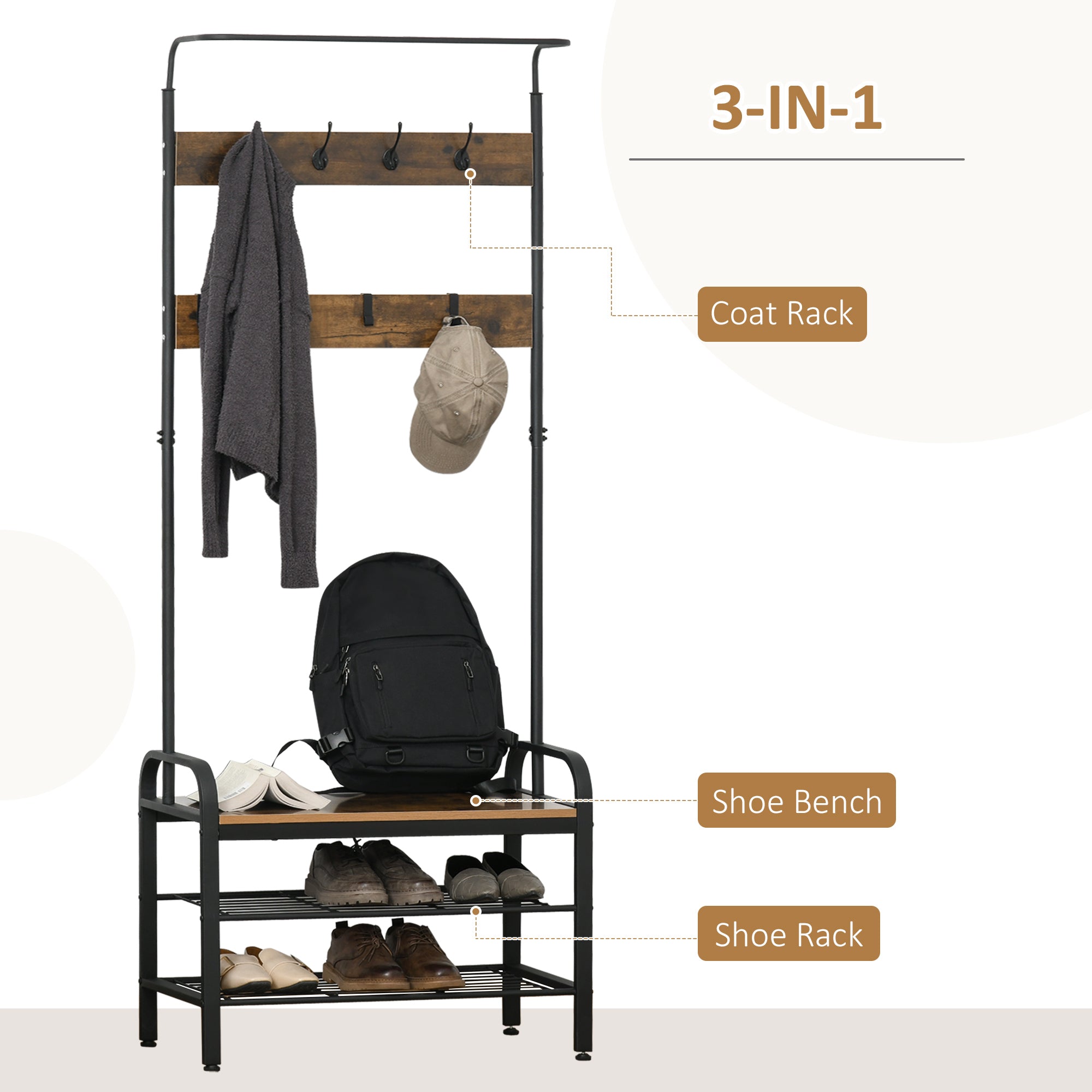 Coat Rack Stand Industrial hallway Shoe Rack Removable Hooks Metal Wood Hangers Storage Cabinet Rustic Brown 72L x 34W x 185H(cm)