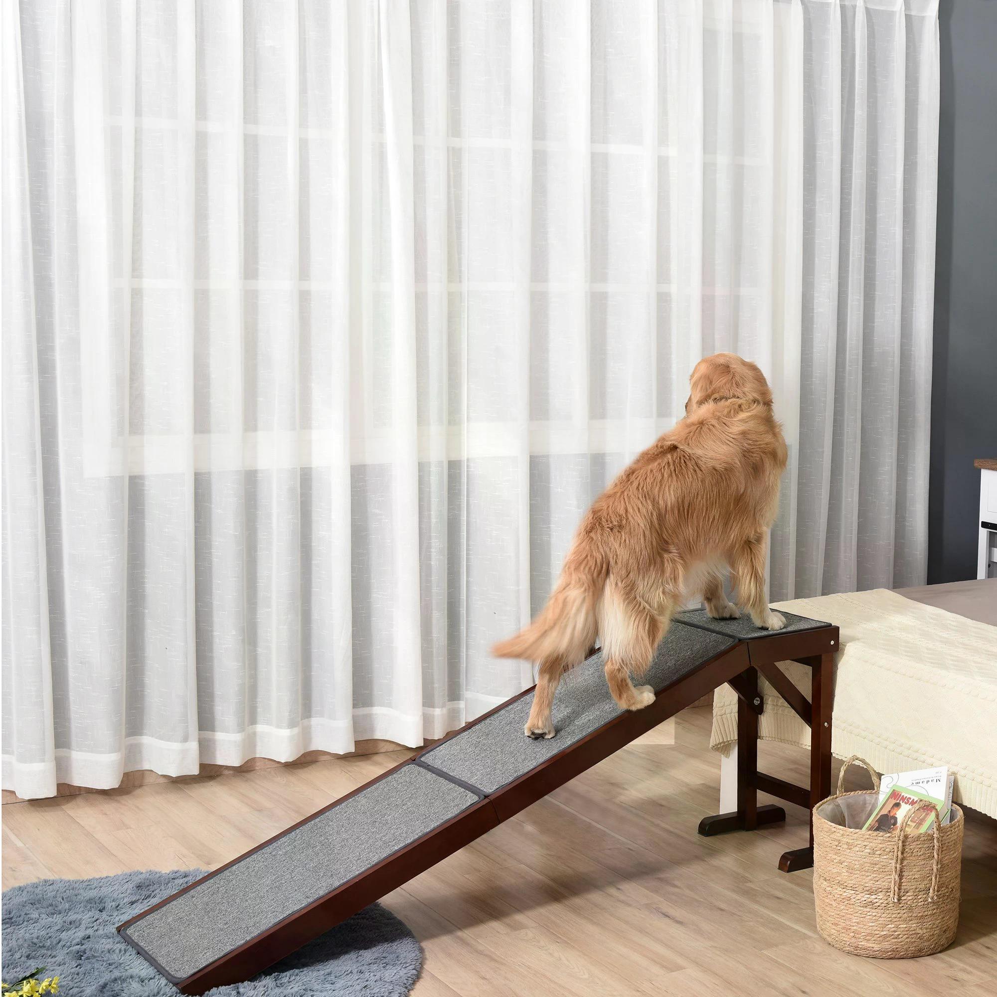 Pet Ramp for Dogs Non-slip Carpet Top Platform Pine Wood 188 x 40.5 x 63.5, Brown, Grey