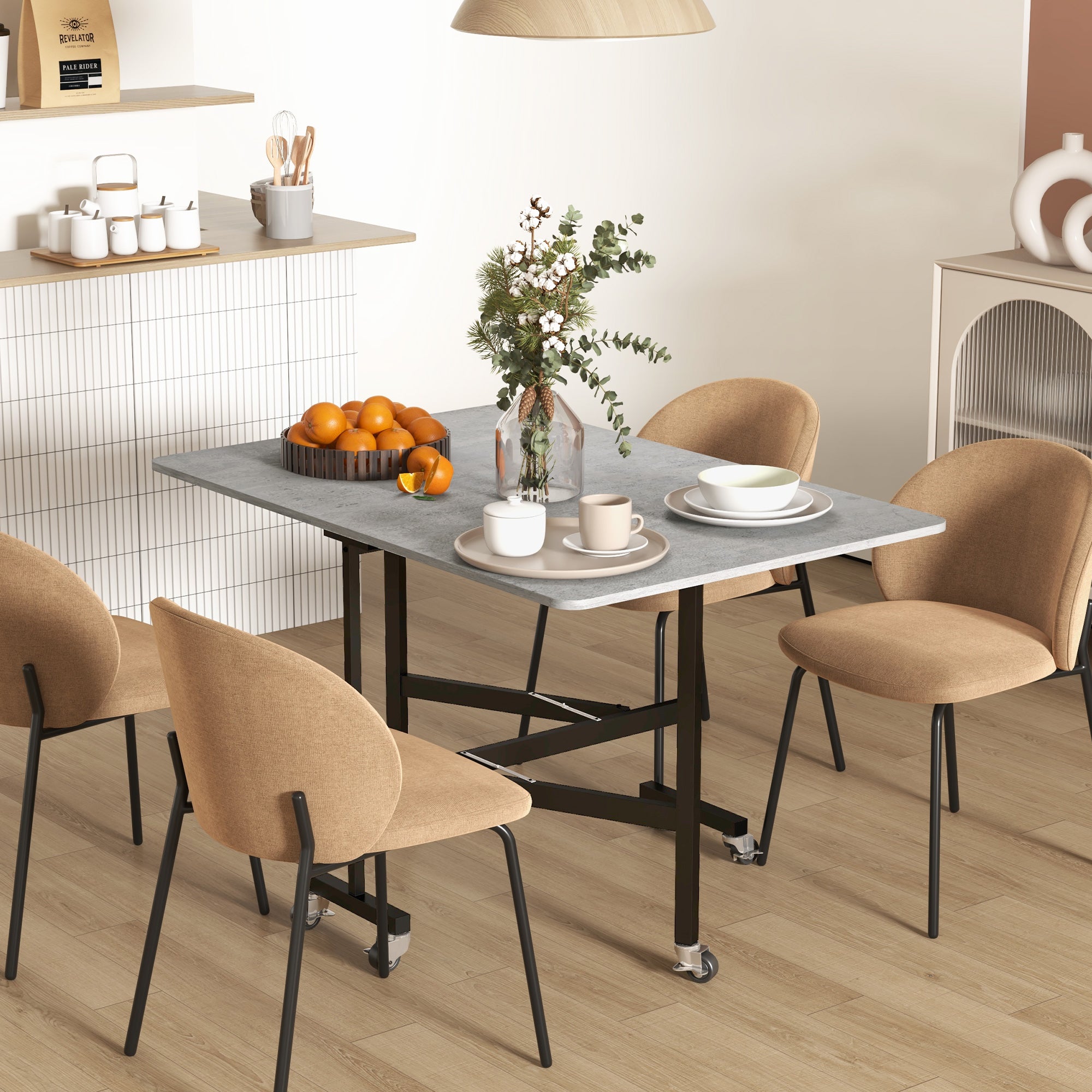 Drop Leaf Table, Folding Dining Table with Metal Frame, Rolling Kitchen Dining Table for Small Spaces, 120cm, Grey