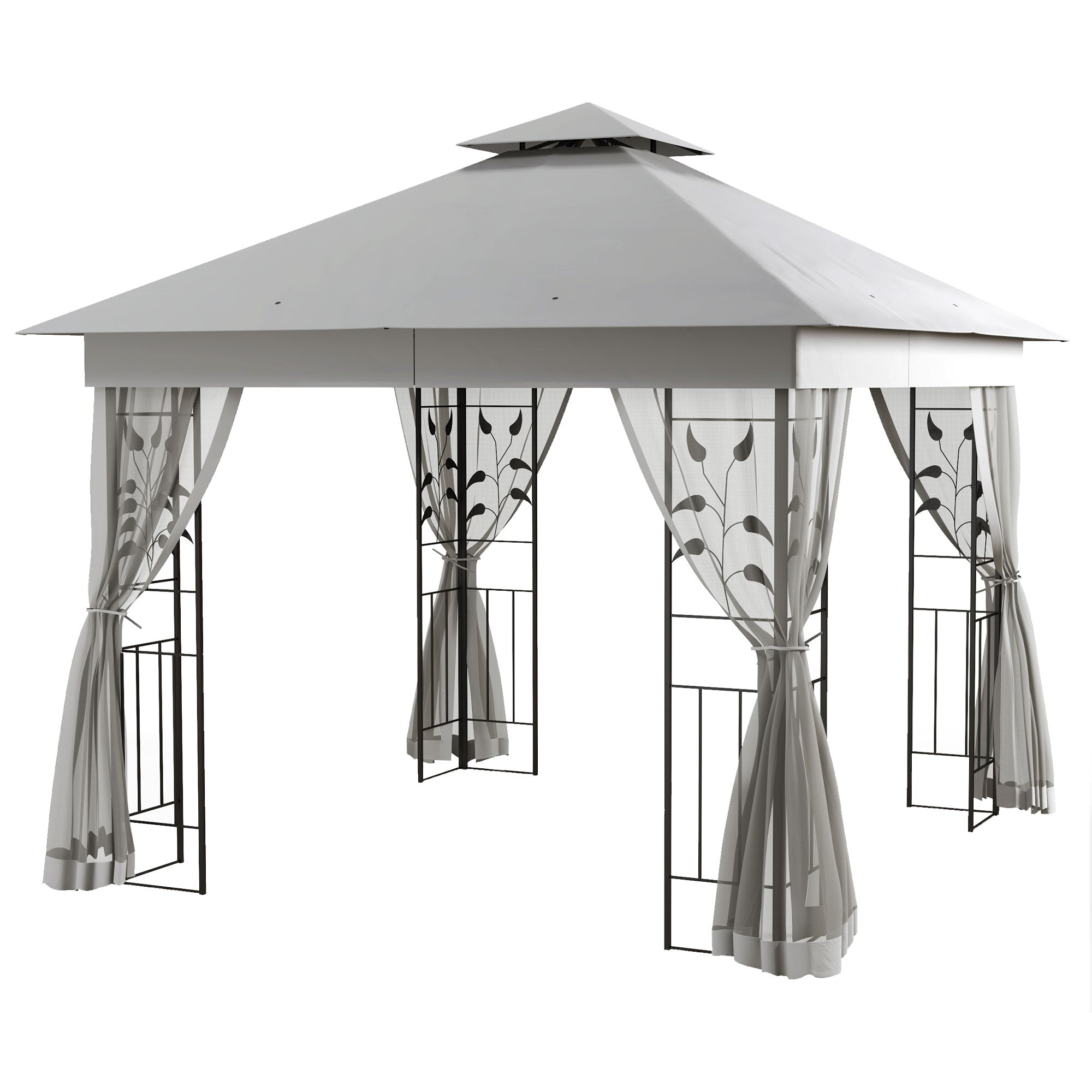 3(m) x 3(m) Double Roof Outdoor Garden Gazebo Canopy Shelter with Netting, Solid Steel Frame, Light Grey