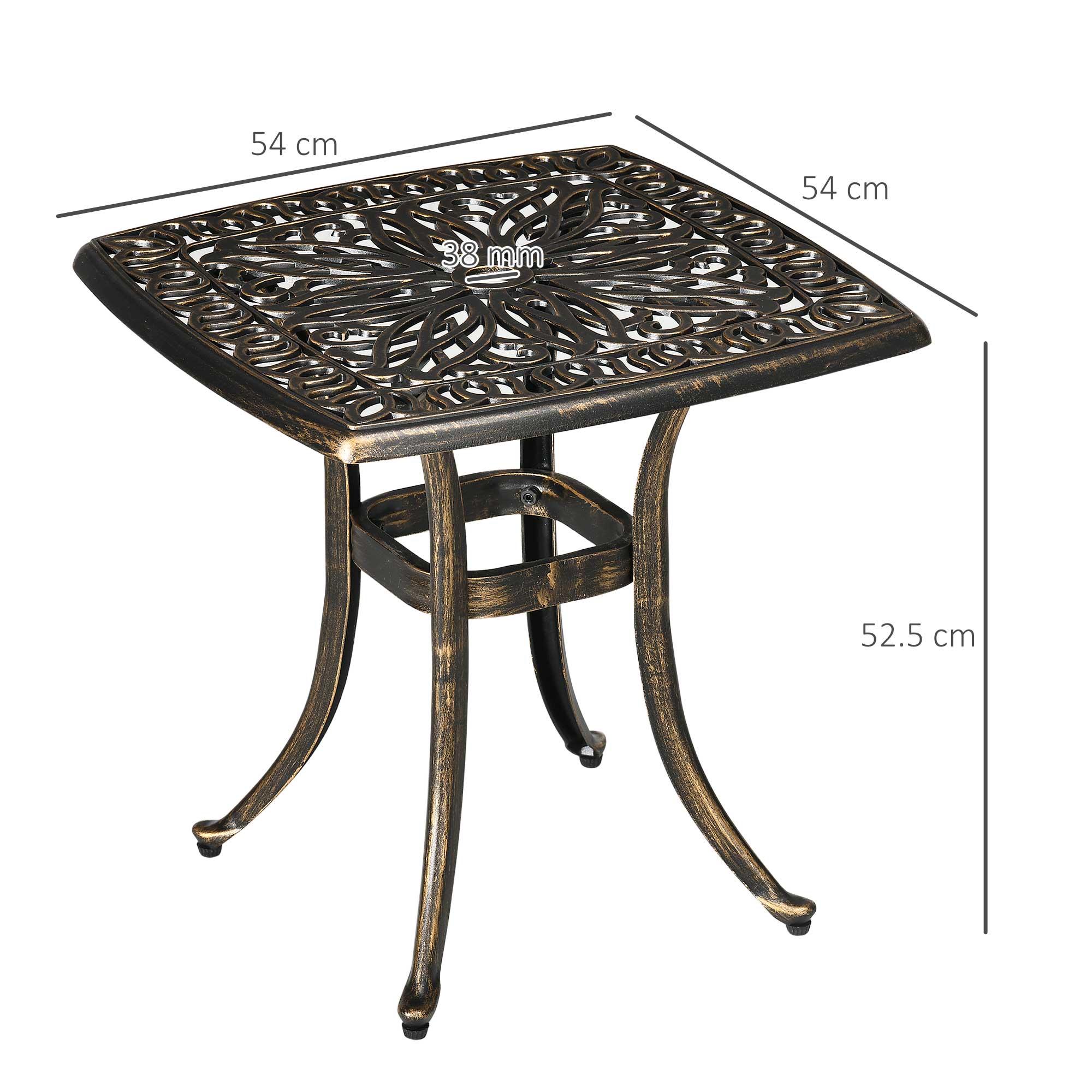 Outdoor Patio Side Table with 38mm Dia. Umbrella Hole, Cast Aluminium Patio coffee Table, 54 x 54cm, Bronze