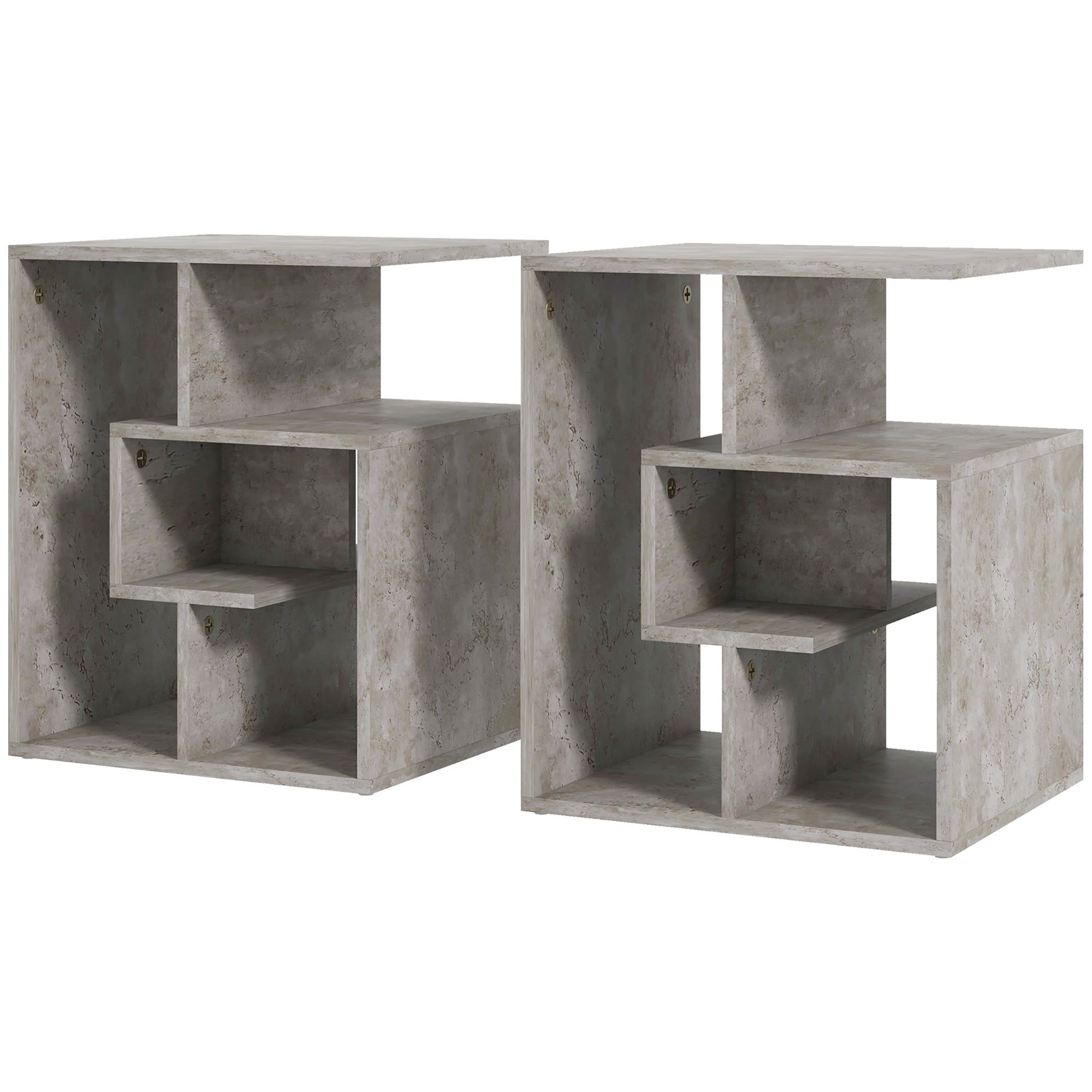 Side Table, 3 Tier End Table with Open Storage Shelves, Living Room Coffee Table Organiser Unit, Set of 2, Cement Colour