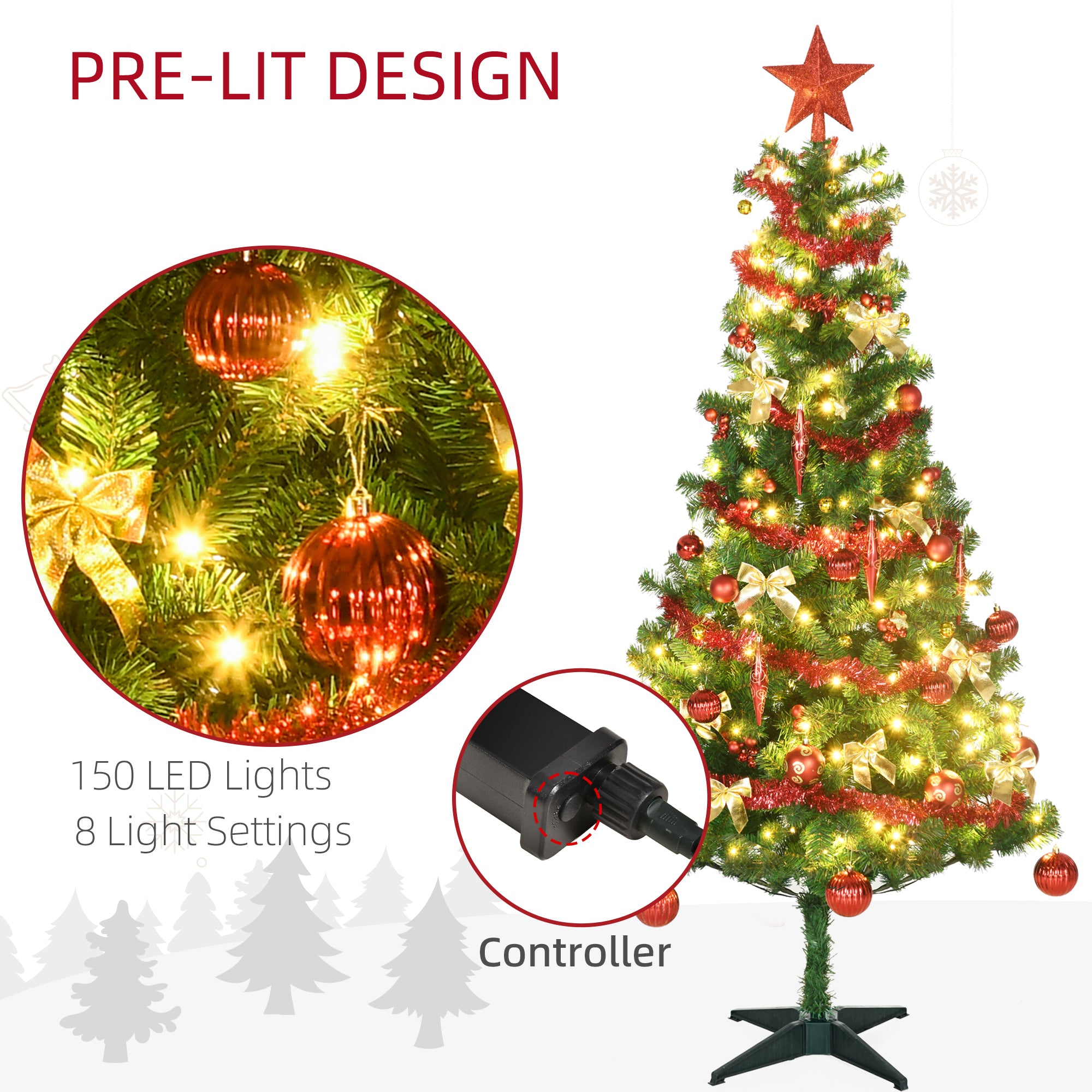 6' Artificial Prelit Christmas Trees Holiday Décor with Warm White LED Lights, Auto Open, Tinsel, Ball, Star