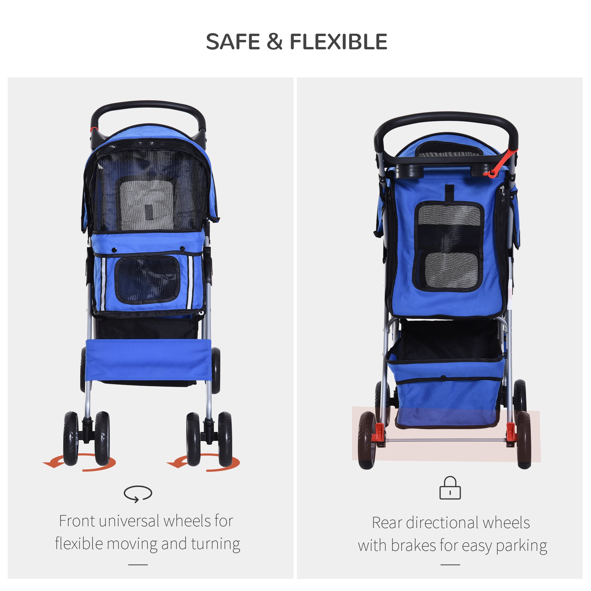 Dog Pushchair for Small Miniature Dogs Cats Foldable Travel Carriage with Wheels Zipper Entry Cup Holder Storage Basket Blue